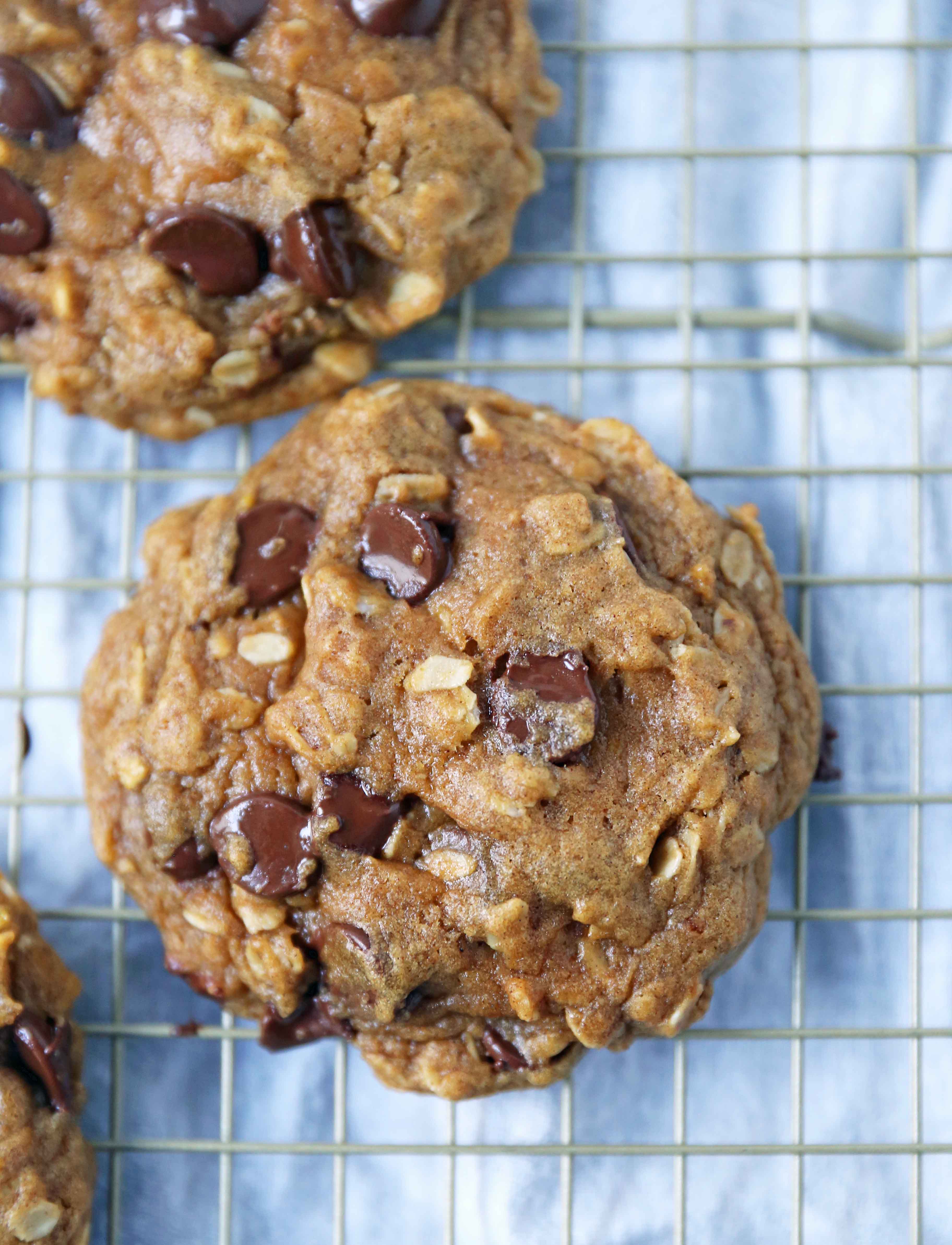 Pumpkin Chocolate Chip Cookies How to make the perfect chewy, melt-in-your-mouth pumpkin chocolate chip cookie.  These pumpkin oatmeal chocolate chip cookies are made with browned butter, spiced pumpkin, oatmeal, and rich semi-sweet chocolate chips. This chocolate chip pumpkin cookie is the perfect Fall cookie. 