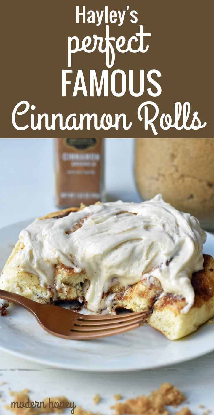 Hayley's Famous Cinnamon Rolls. Warm, ooey, gooey cinnamon brown sugar perfect cinnamon rolls. Tips and tricks on how to make perfect homemade cinnamon rolls. www.modernhoney.com