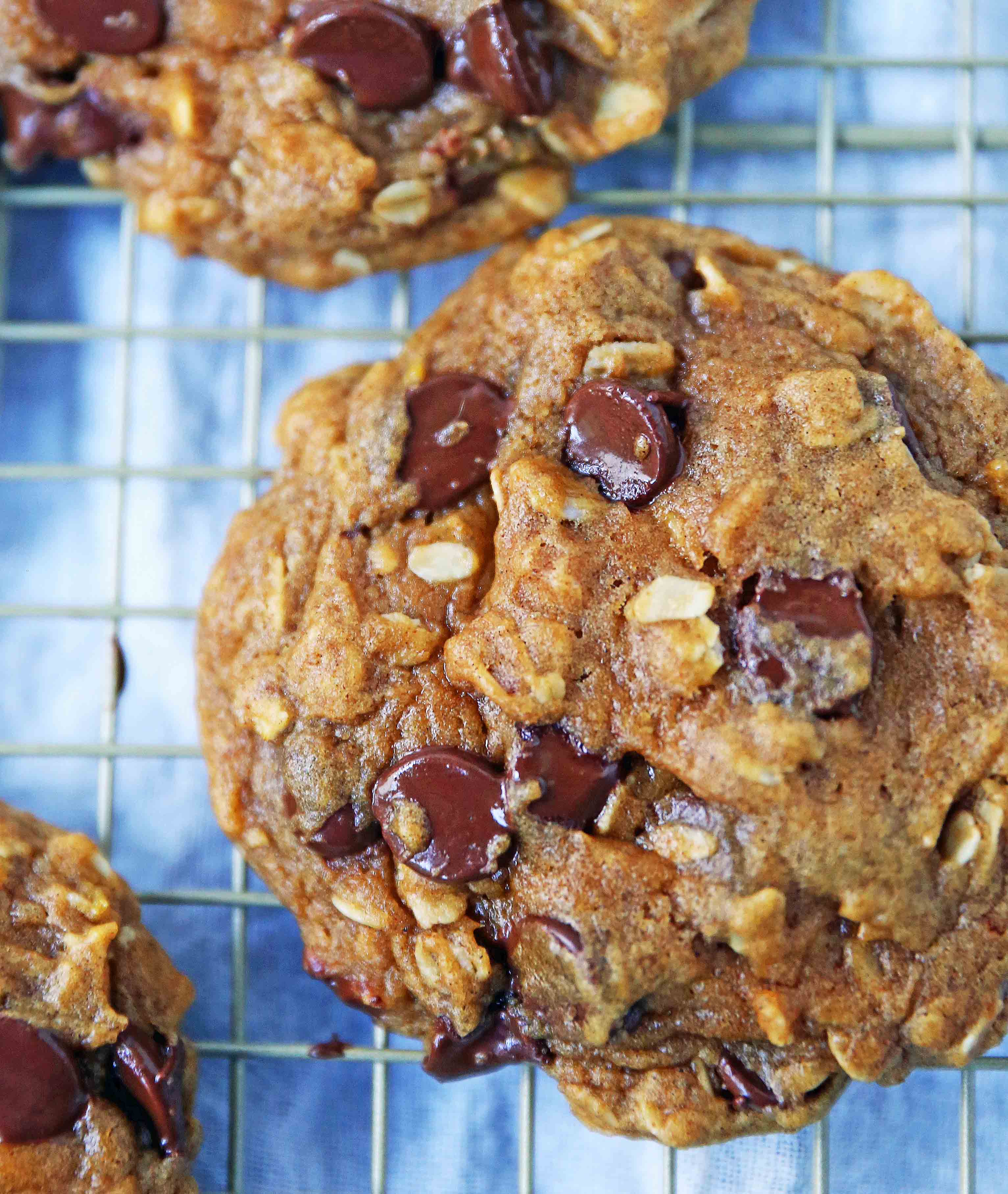 Pumpkin Chocolate Chip Oatmeal Cookies. Soft chewy pumpkin chocolate chip cookie recipe. www.modernhoney.com 