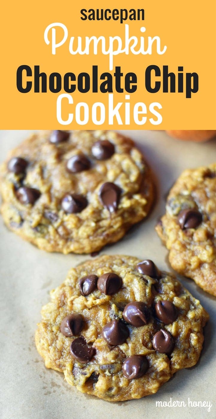 Pumpkin Chocolate Chip Cookies made in a saucepan. How to make perfect chewy, melt-in-your-mouth pumpkin chocolate chip cookies. www.modernhoney.com