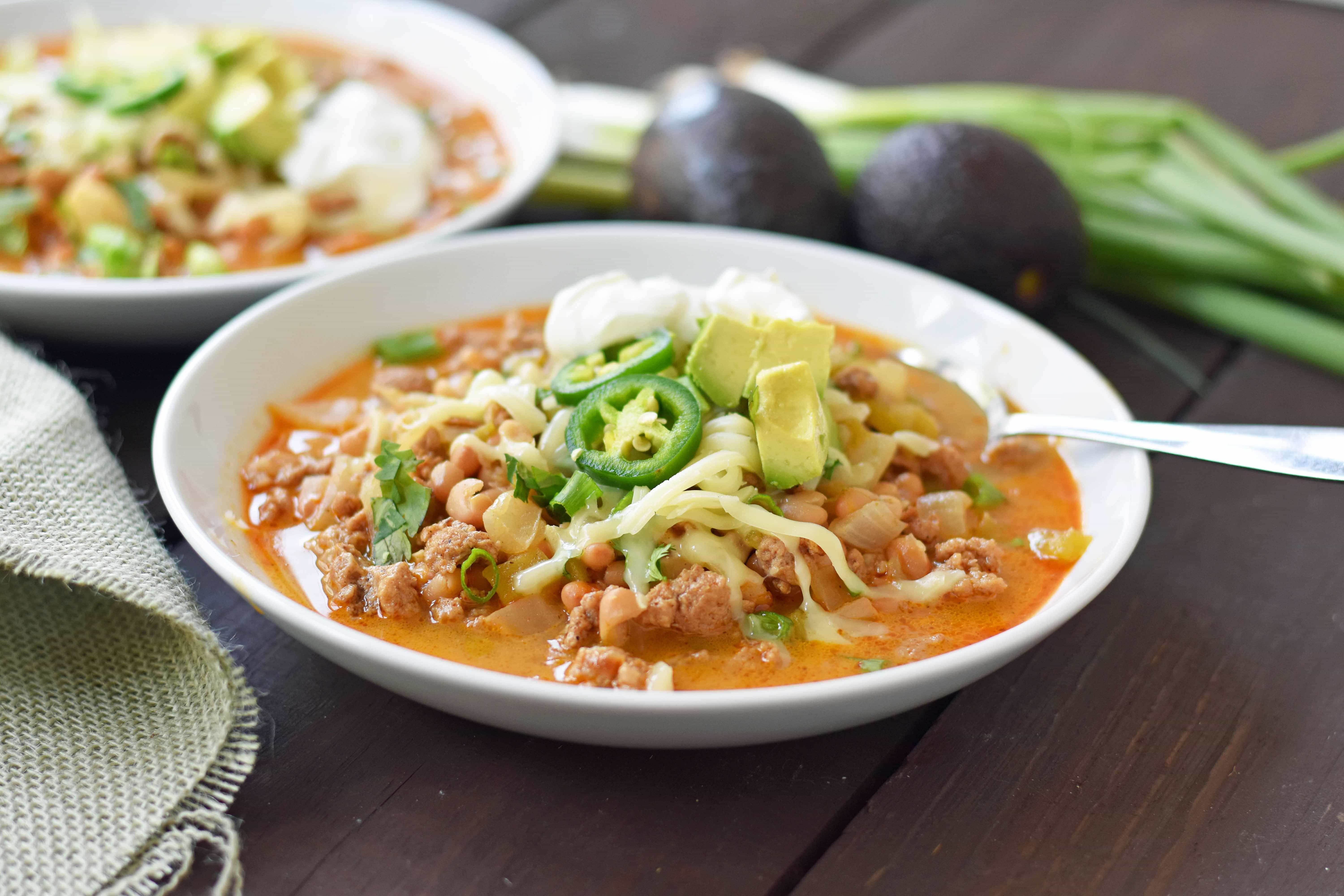 White Bean Turkey Chili is a healthy, nutritious soup made with lean protein, vegetables, and broth. Flavorful and delicious chili made in less than 30 minutes. www.modernhoney.com