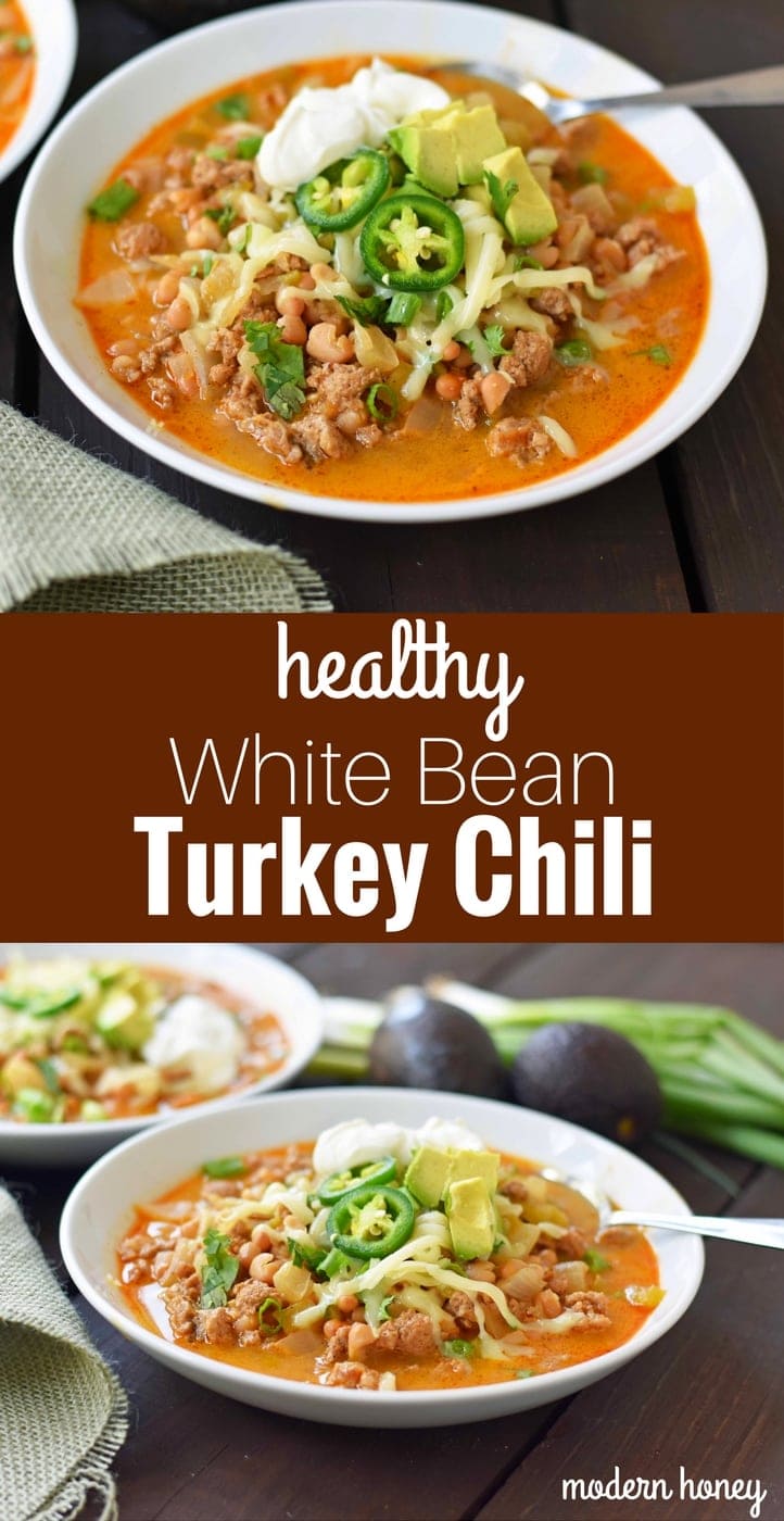White Bean Turkey Chili is a healthy, nutritious soup made with lean protein, vegetables, and broth. Flavorful and delicious chili made in less than 30 minutes. www.modernhoney.com