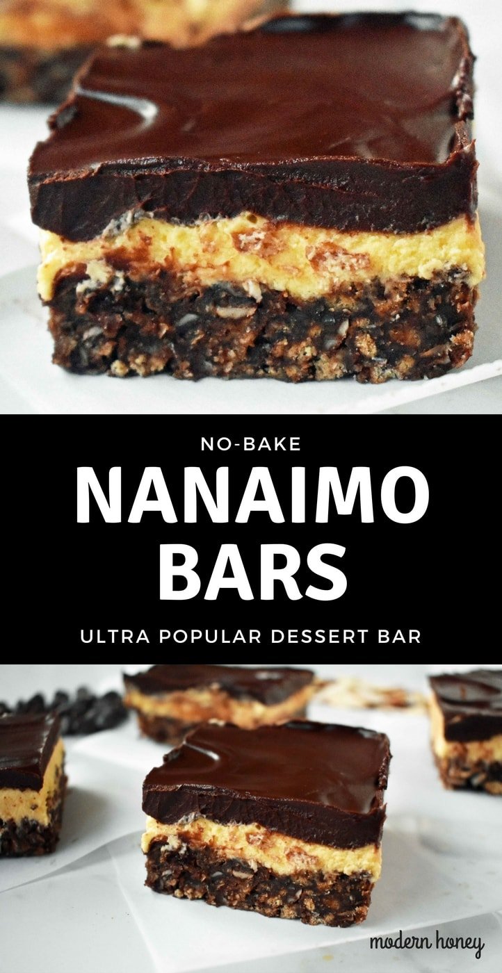 No-Bake Nanaimo Bars. A popular Canadian dessert bar made with a chocolate coconut graham cracker crust, creamy custard filling, and decadent chocolate layer. A 5 star dessert bar. www.modernhoney.com