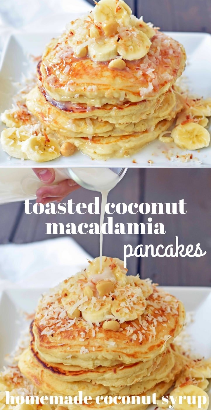 Toasted Coconut Macadamia Pancakes with Coconut Syrup are the most perfect tropical pancakes. Light and fluffy toasted coconut pancakes topped with homemade coconut syrup and macadamia nuts. www.modernhoney.com