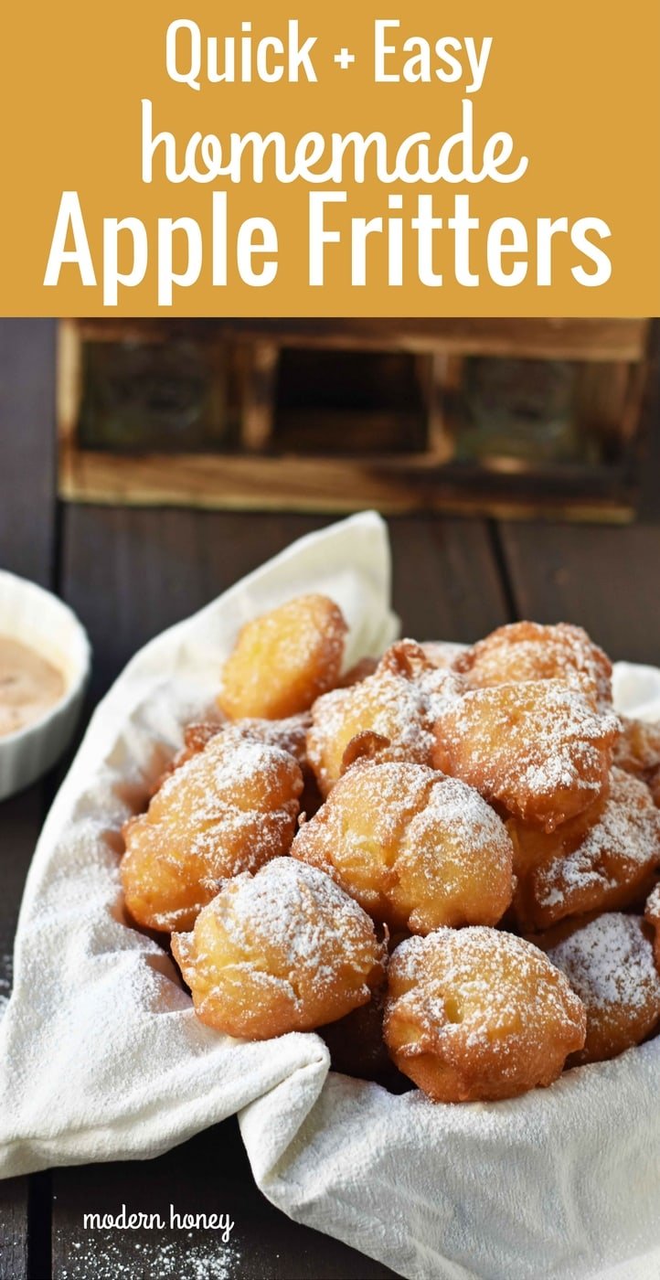 How to make quick and easy homemade apple fritters from scratch. A simple apple batter fried in oil and topped with powdered sugar, cinnamon sugar, or vanilla glaze. Can be dipped in homemade creme anglaise or pastry cream. A festive Fall dessert. www.modernhoney.com