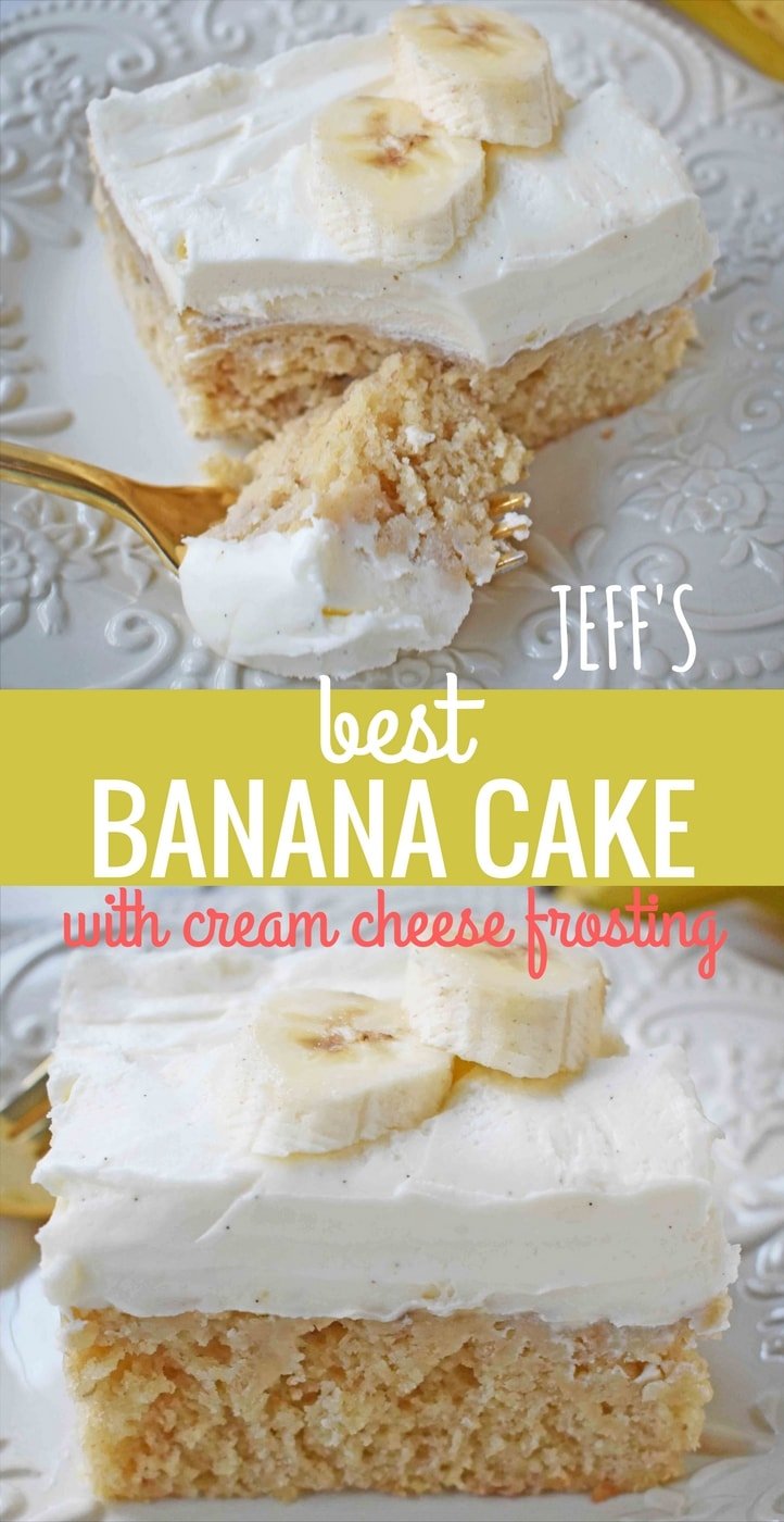 Jeff's BEST Banana Cake Recipe. This moist and tender banana cake is topped with a sweet and buttery cream cheese frosting. This is the best banana cake I have ever had and the only recipe I need. This banana cake with cream cheese frosting will knock your socks off! www.modernhoney.com