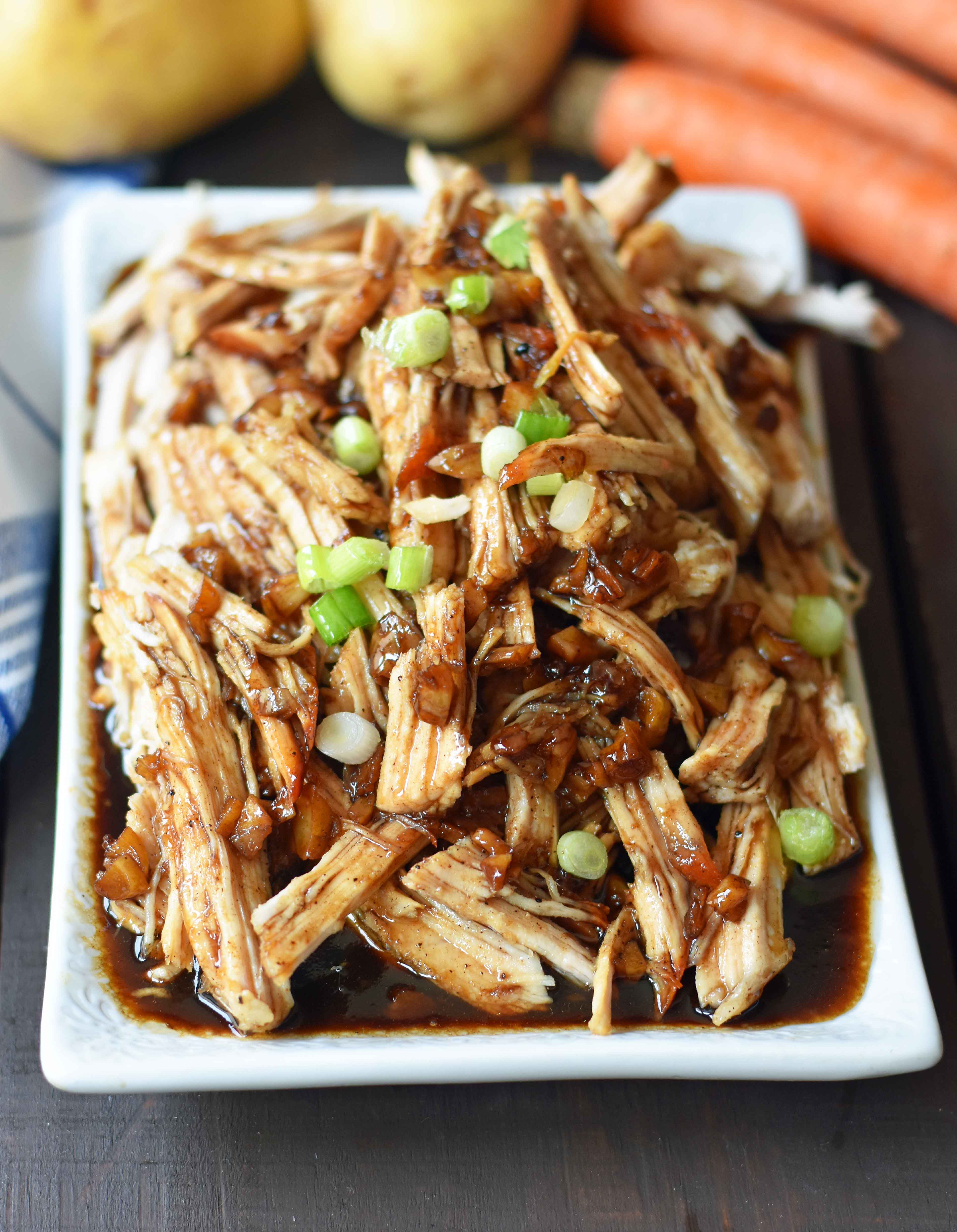 Brown Sugar Balsamic Pork. Tender lean pork loin slow cooked in a brown sugar garlic balsamic glaze. An easy flavorful meal made in a slow cooker or instant pot. www.modernhoney.com