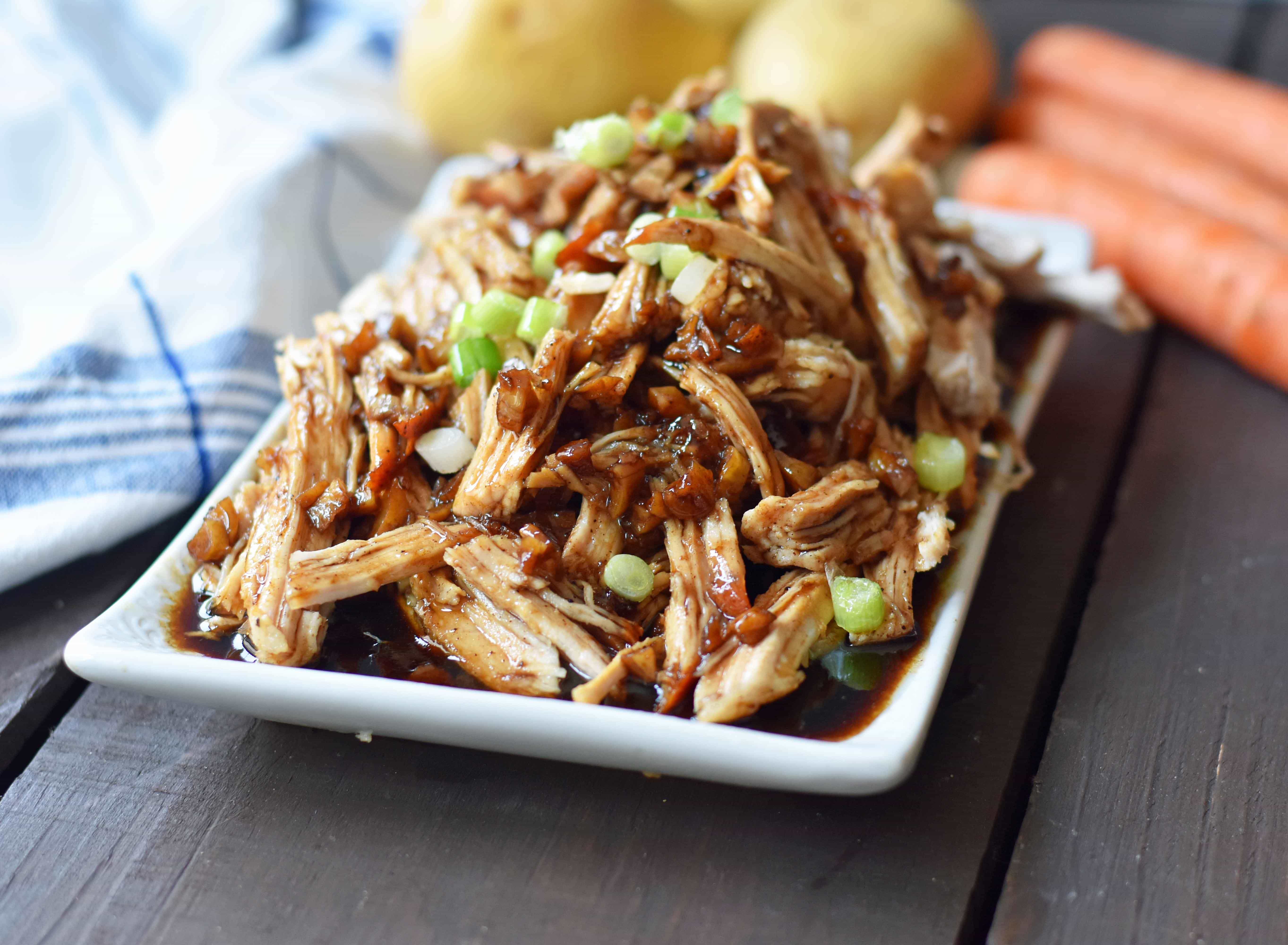 Brown Sugar Balsamic Pork. Tender lean pork loin slow cooked in a brown sugar garlic balsamic glaze. An easy flavorful meal made in a slow cooker or instant pot. www.modernhoney.com