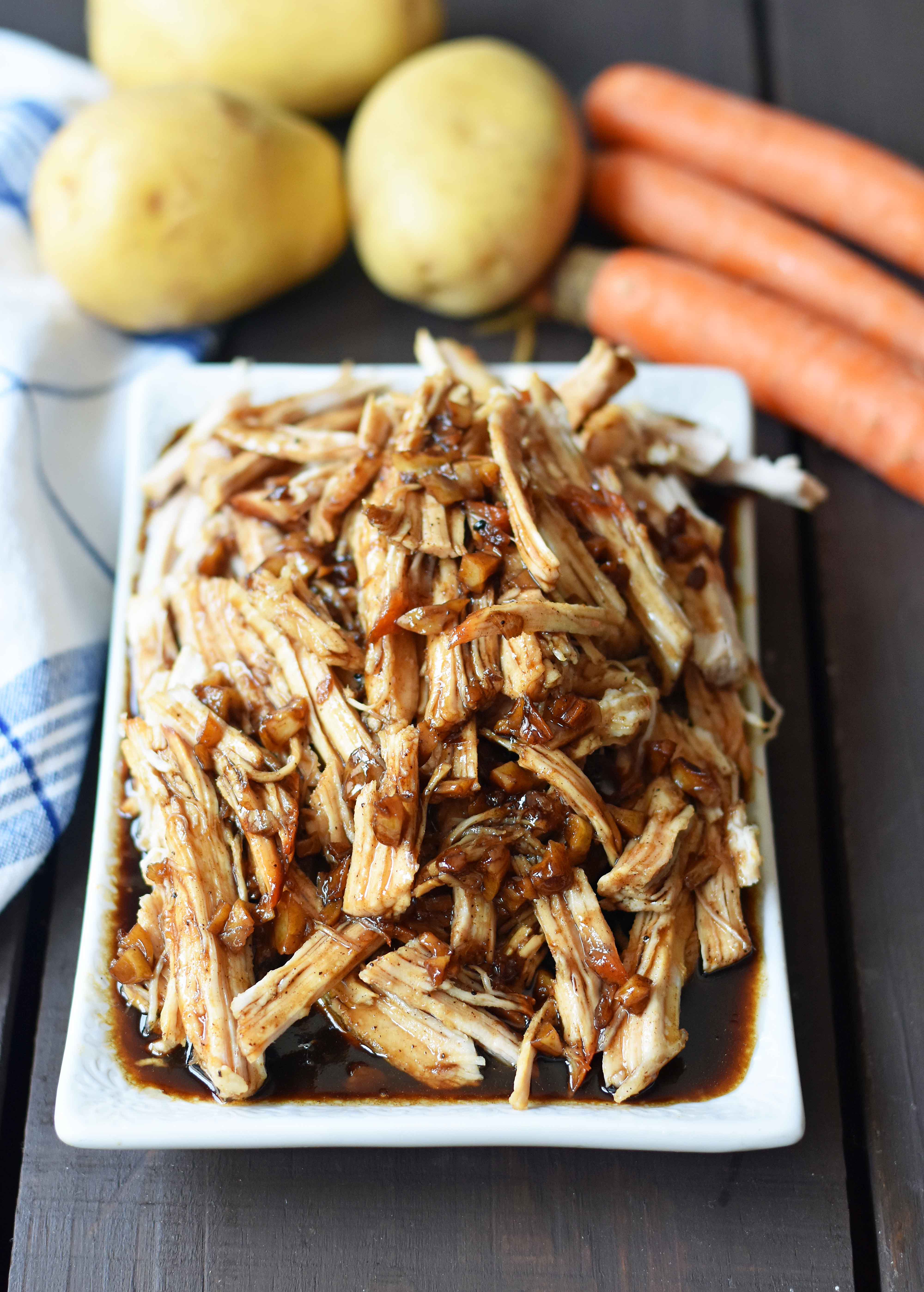 Brown Sugar Balsamic Pork. Tender lean pork loin slow cooked in a brown sugar garlic balsamic glaze. An easy flavorful meal made in a slow cooker or instant pot. www.modernhoney.com