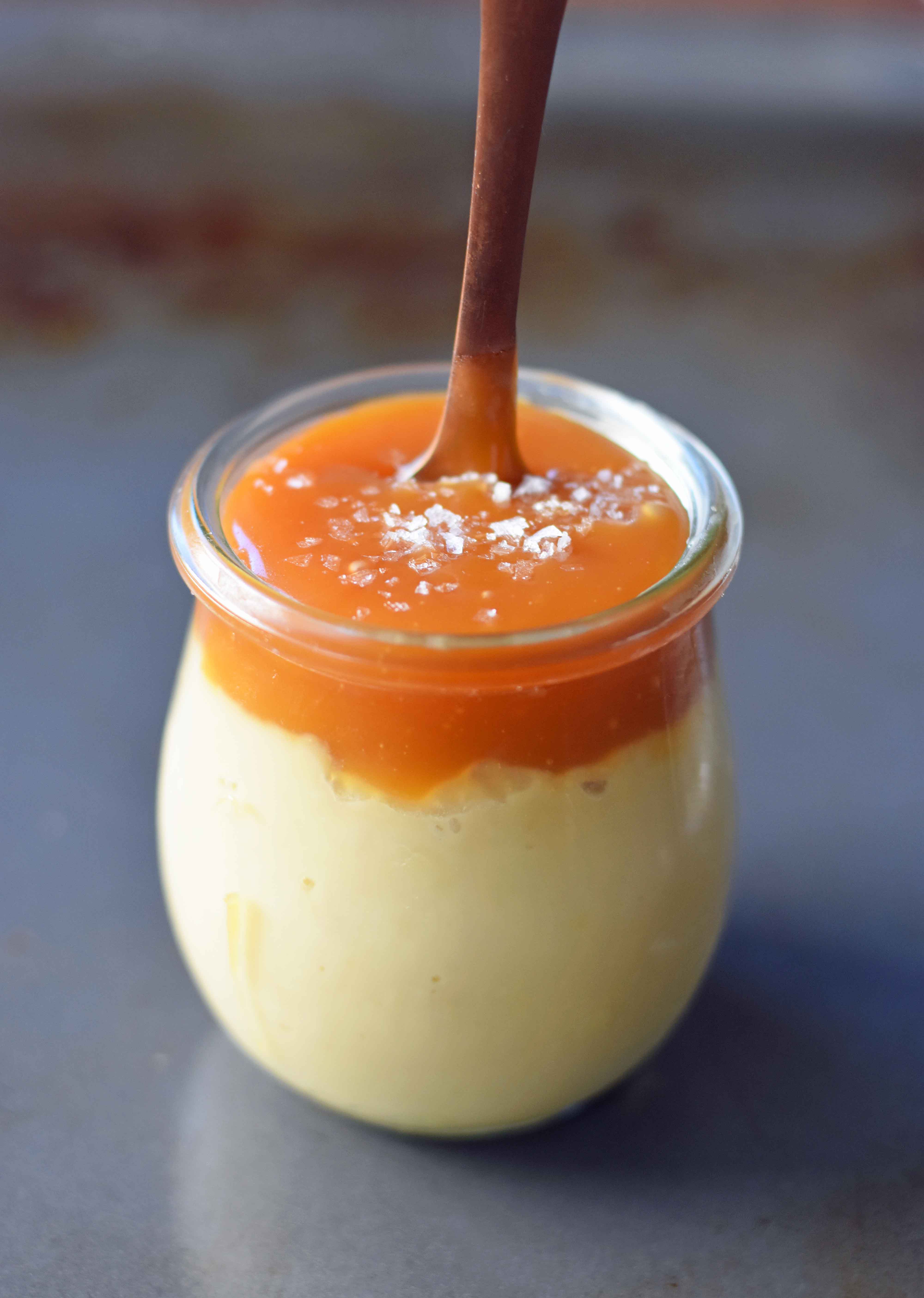 Butterscotch Budino or Custard Pudding with Homemade Salted Caramel. A layered butterscotch custard dessert with handcrafted salted caramel. www.modernhoney.com