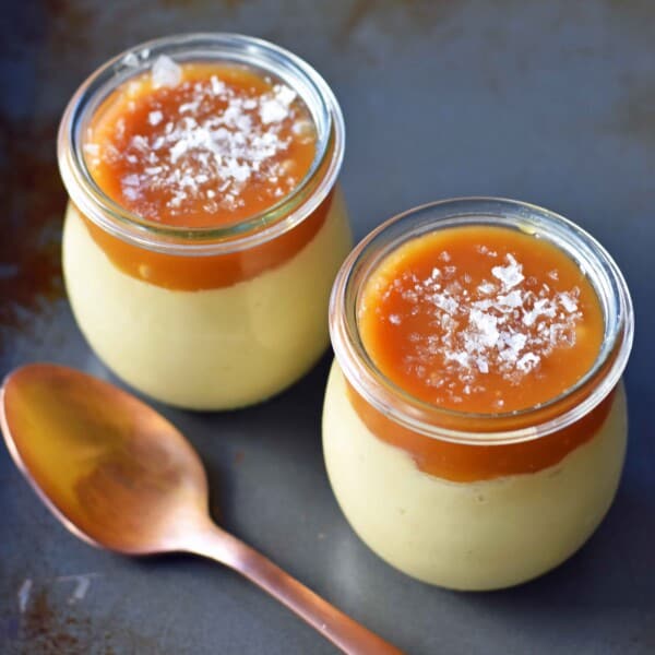 Butterscotch Budino or Custard Pudding with Homemade Salted Caramel. A layered butterscotch custard dessert with handcrafted salted caramel. www.modernhoney.com