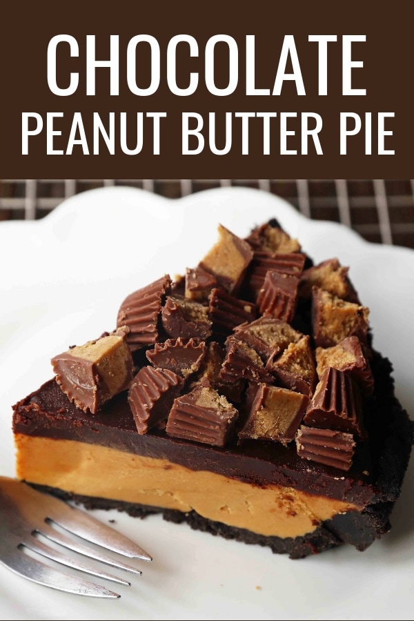 Chocolate Peanut Butter Cup Pie. Homemade chocolate peanut butter pie with an OREO cookie crust, creamy peanut butter mousse filling, and topped with chocolate ganache and peanut butter cups. www.modernhoney.com #peanutbutter #chocolatepeanutbutter #pie #pies #pierecipe