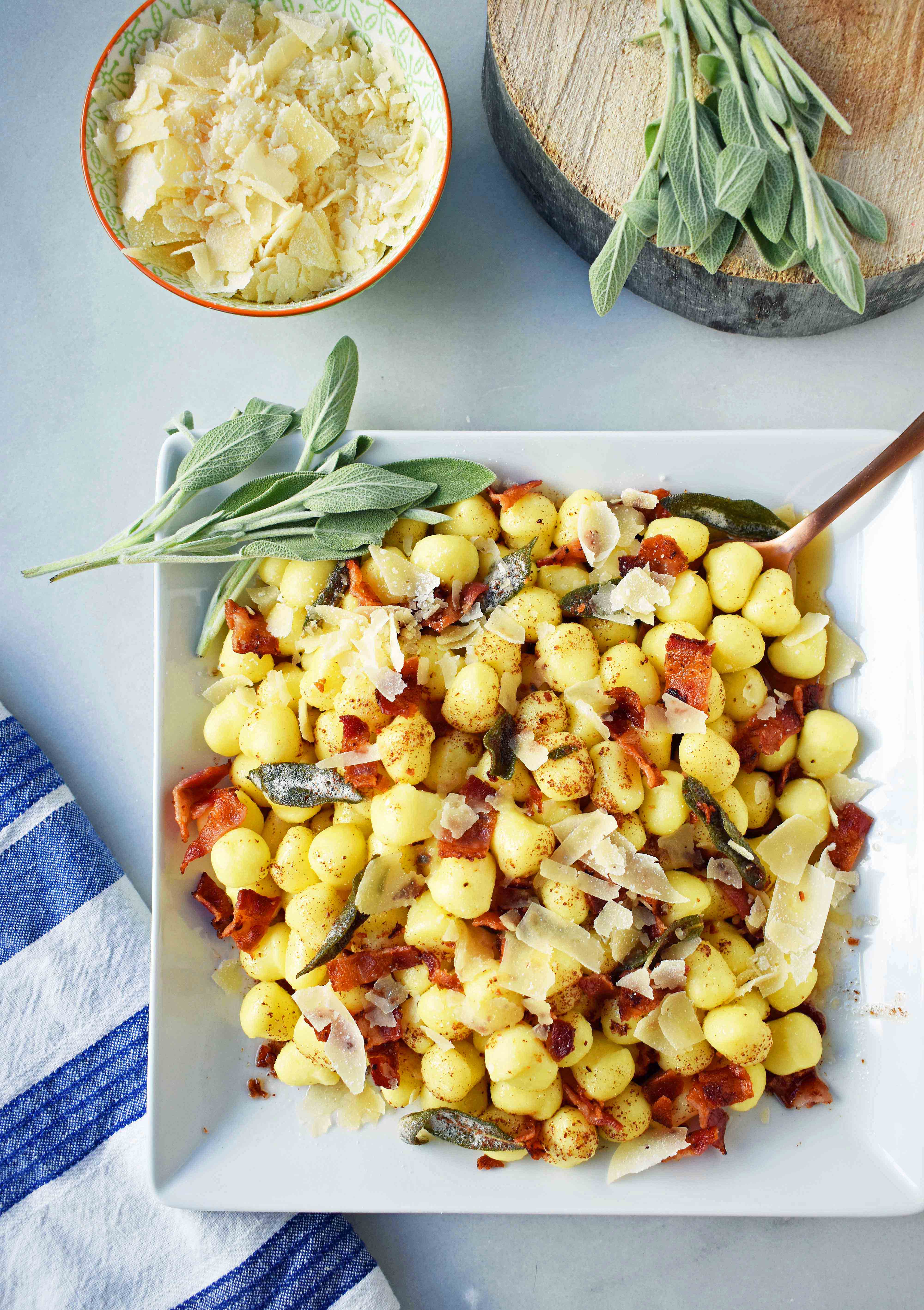 Pan Seared Brown Butter Gnocchi with Crispy Pancetta and Sage is a simple Italian pasta dish made with soft potato gnocchi sauteed in brown butter, crispy pancetta, and sage. It is an easy weeknight dinner for the family. www.modernhoney.com