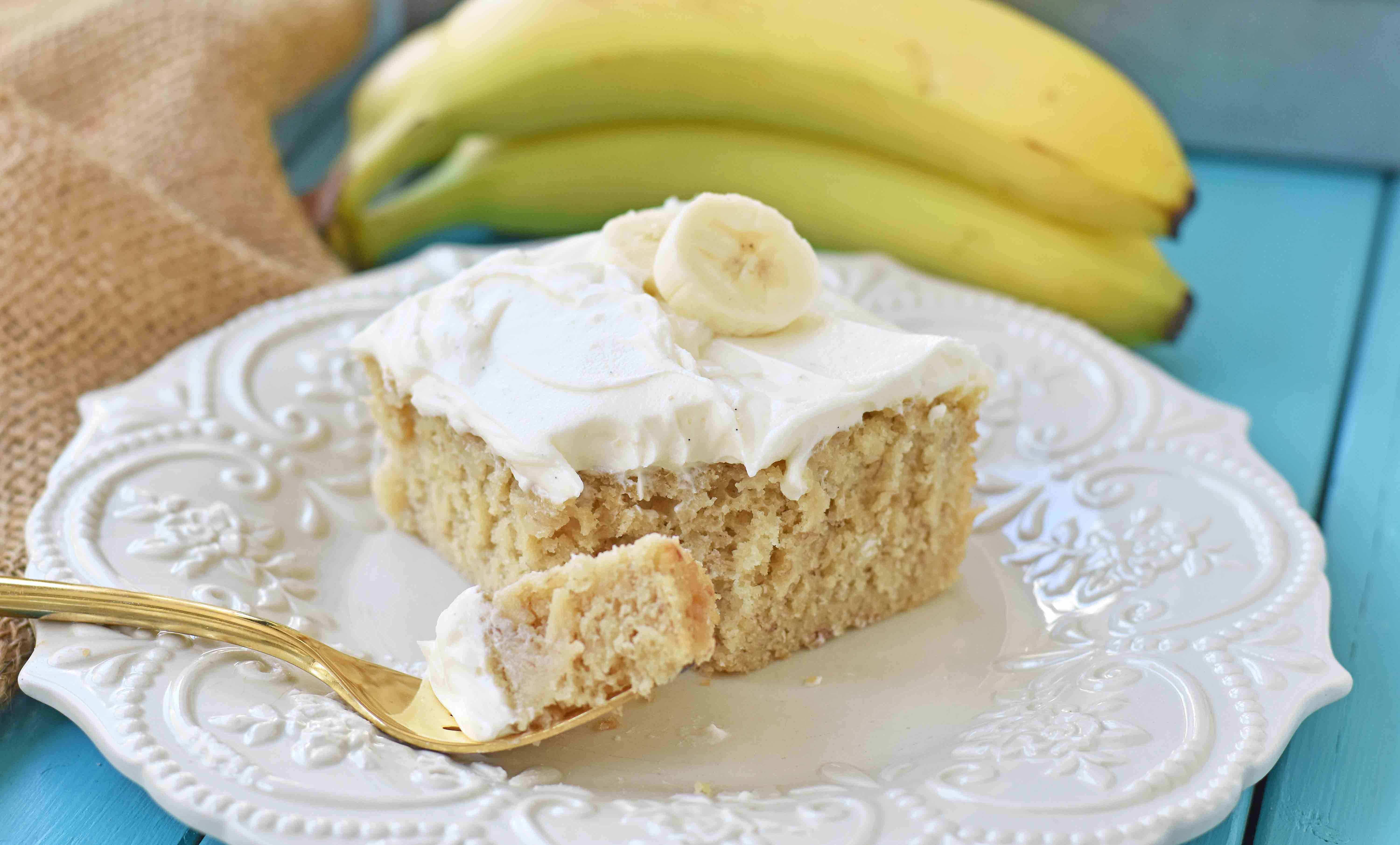 Jeff's BEST Banana Cake Recipe. This moist and tender banana cake is topped with a sweet and buttery cream cheese frosting. This is the best banana cake I have ever had and the only recipe I need. This banana cake with cream cheese frosting will knock your socks off! www.modernhoney.com