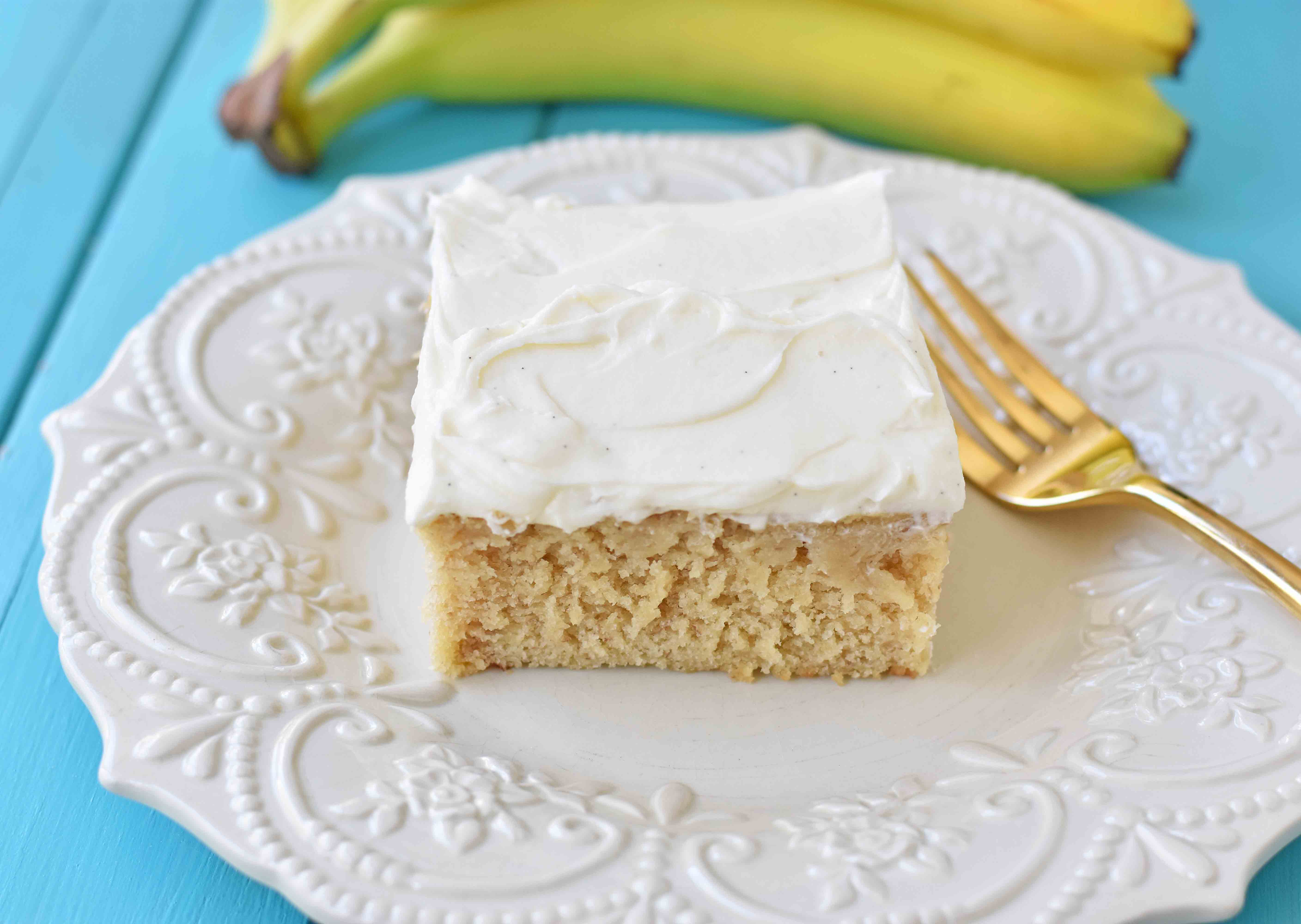 Jeff's BEST Banana Cake Recipe. This moist and tender banana cake is topped with a sweet and buttery cream cheese frosting. This is the best banana cake I have ever had and the only recipe I need. This banana cake with cream cheese frosting will knock your socks off! www.modernhoney.com