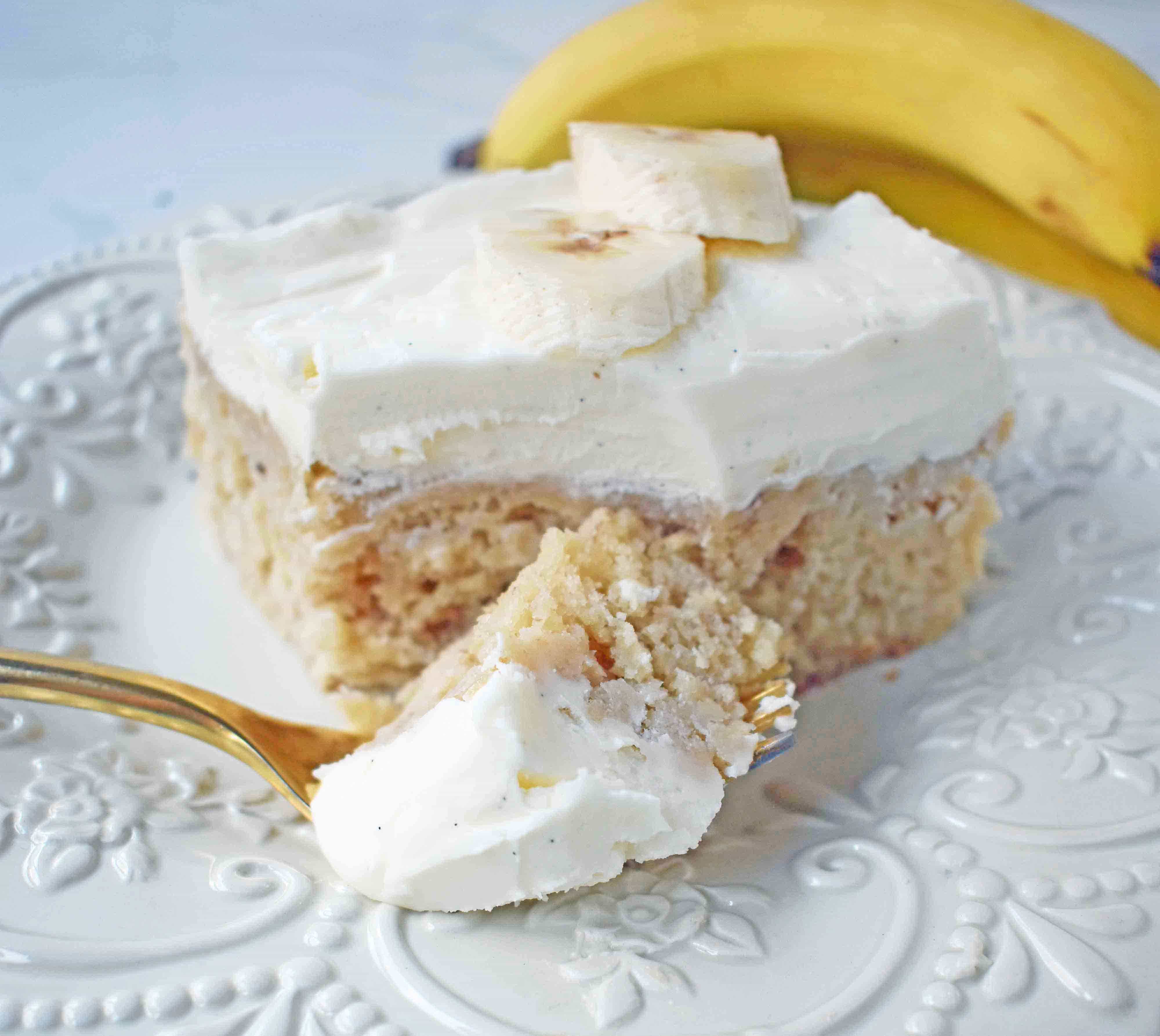 Jeff's BEST Banana Cake Recipe. This moist and tender banana cake is topped with a sweet and buttery cream cheese frosting. This is the best banana cake I have ever had and the only recipe I need. This banana cake with cream cheese frosting will knock your socks off! www.modernhoney.com