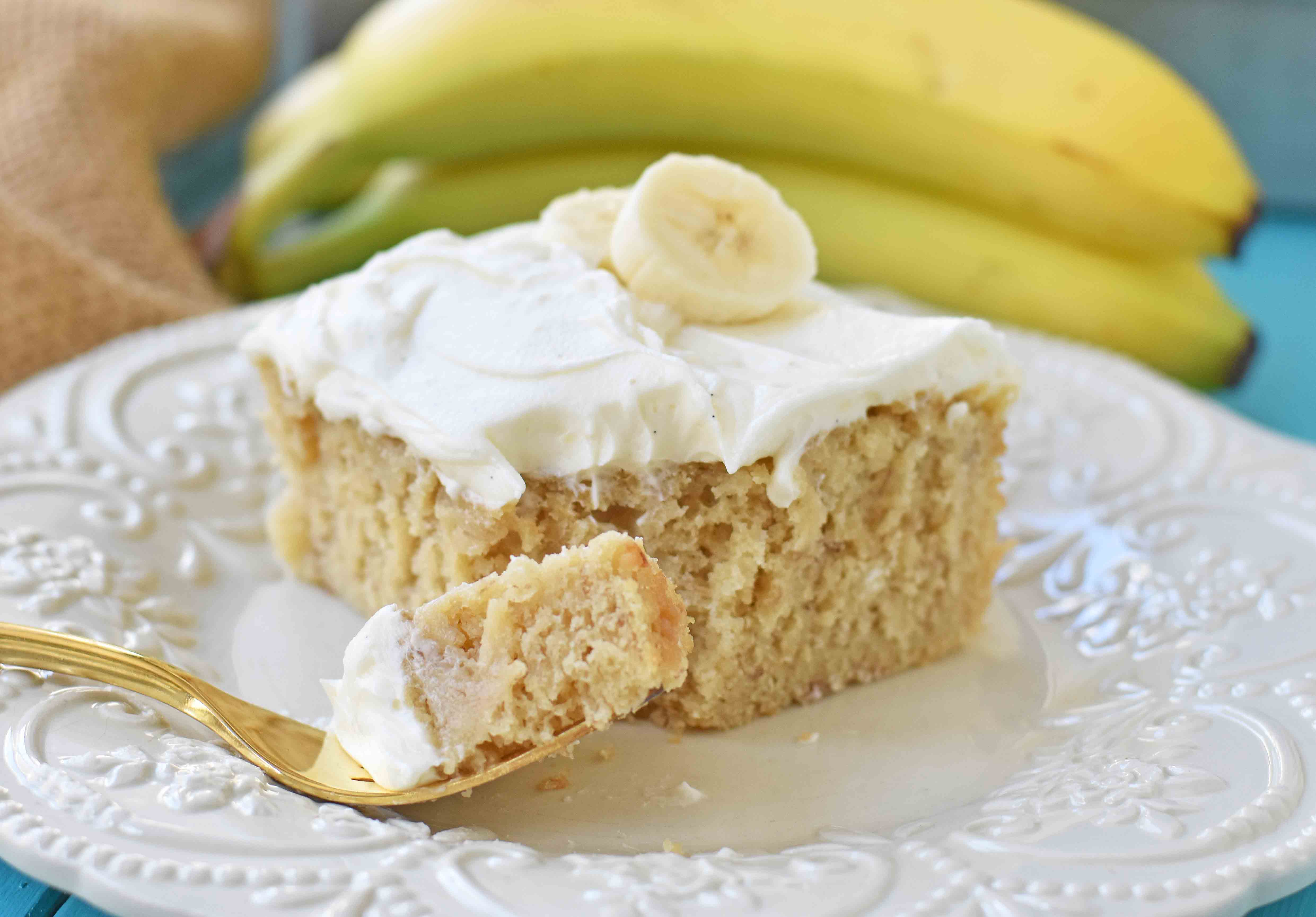 Jeff's BEST Banana Cake Recipe. This moist and tender banana cake is topped with a sweet and buttery cream cheese frosting. This is the best banana cake I have ever had and the only recipe I need. This banana cake with cream cheese frosting will knock your socks off! www.modernhoney.com