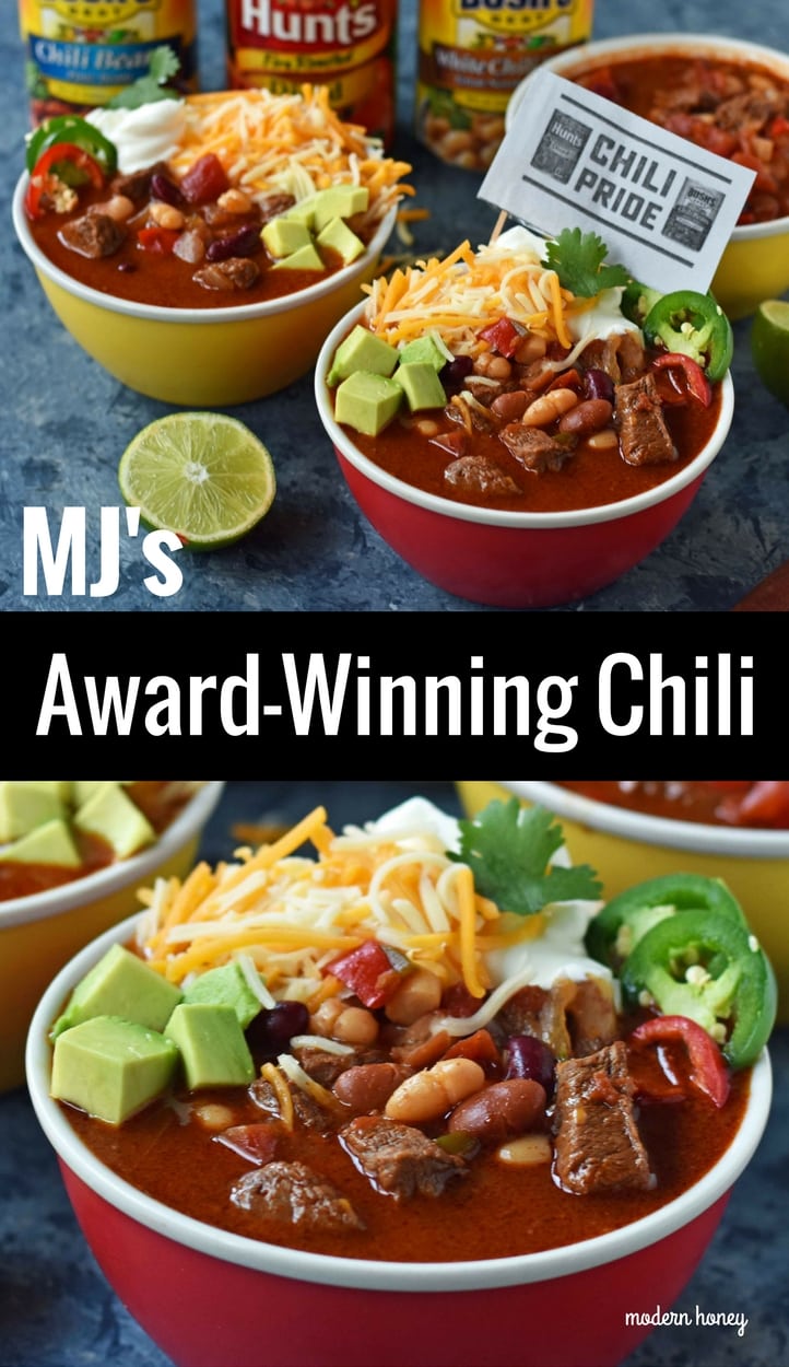 MJ's Award-Winning Chili is made with tender beef chuck roast simmered to perfection, onions, peppers, chili beans, fire-roasted tomatoes, and mexican spices. A perfect prize-winning chili recipe. www.modernhoney.com