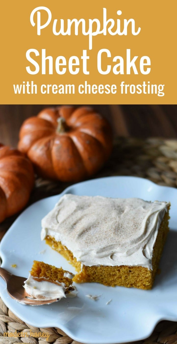 Pumpkin Sheet Cake with Cream Cheese Frosting. A pumpkin spice cake with a creamy homemade cream cheese frosting. A super simple, easy cake recipe! www.modernhoney.com