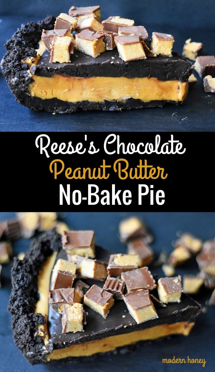 Reese's Chocolate Peanut Butter Cup Pie is made with an OREO Cookie Crust, Creamy Peanut Butter Filling, Chocolate Ganache, and topped with Reese's Peanut Butter Cups. A chocolate peanut butter lover's dream pie! A no-bake chocolate peanut butter pie with an OREO cookie crust will be a favorite dessert! www.modernhoney.com