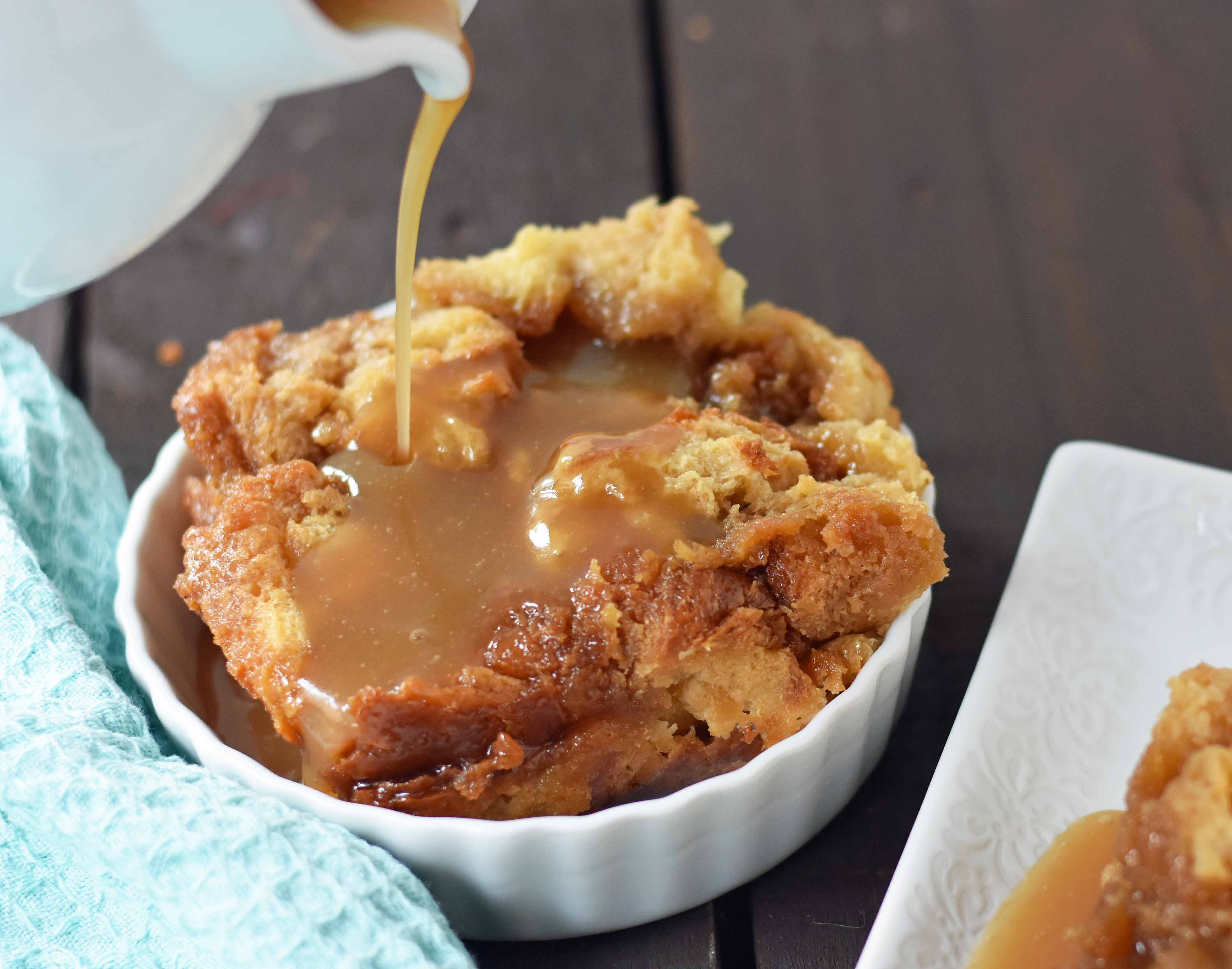 Salted Caramel Bread Pudding made with brioche or challah bread and baked in half-n-half, eggs, brown sugar, and vanilla. This heavenly caramel bread pudding is topped with a homemade sea salt caramel sauce. www.modernhoney.com