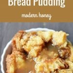 Salted Caramel Bread Pudding made with brioche or challah bread and baked in half-n-half, eggs, brown sugar, and vanilla. This heavenly caramel bread pudding is topped with a homemade sea salt caramel sauce. www.modernhoney.com