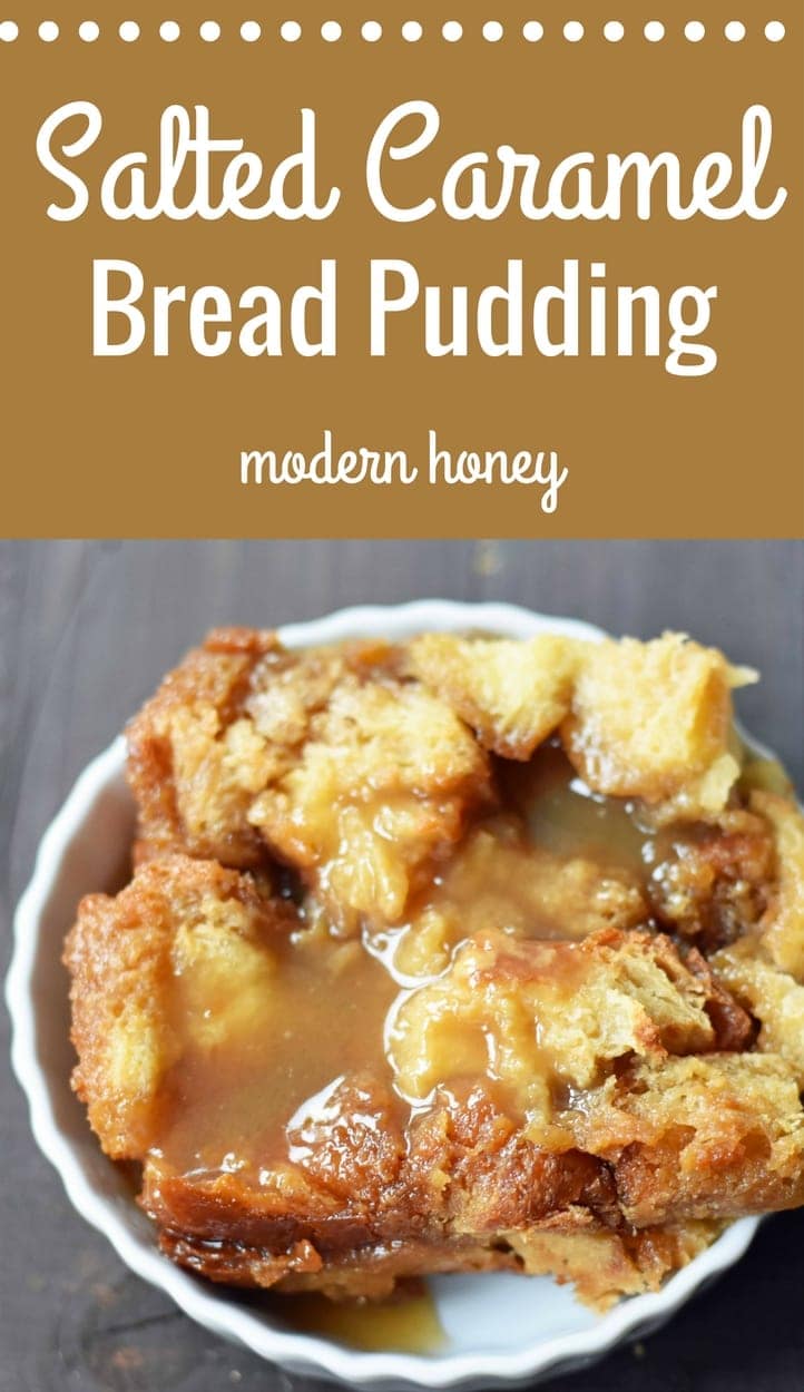 Salted Caramel Bread Pudding made with brioche or challah bread and baked in half-n-half, eggs, brown sugar, and vanilla. This heavenly caramel bread pudding is topped with a homemade sea salt caramel sauce. www.modernhoney.com