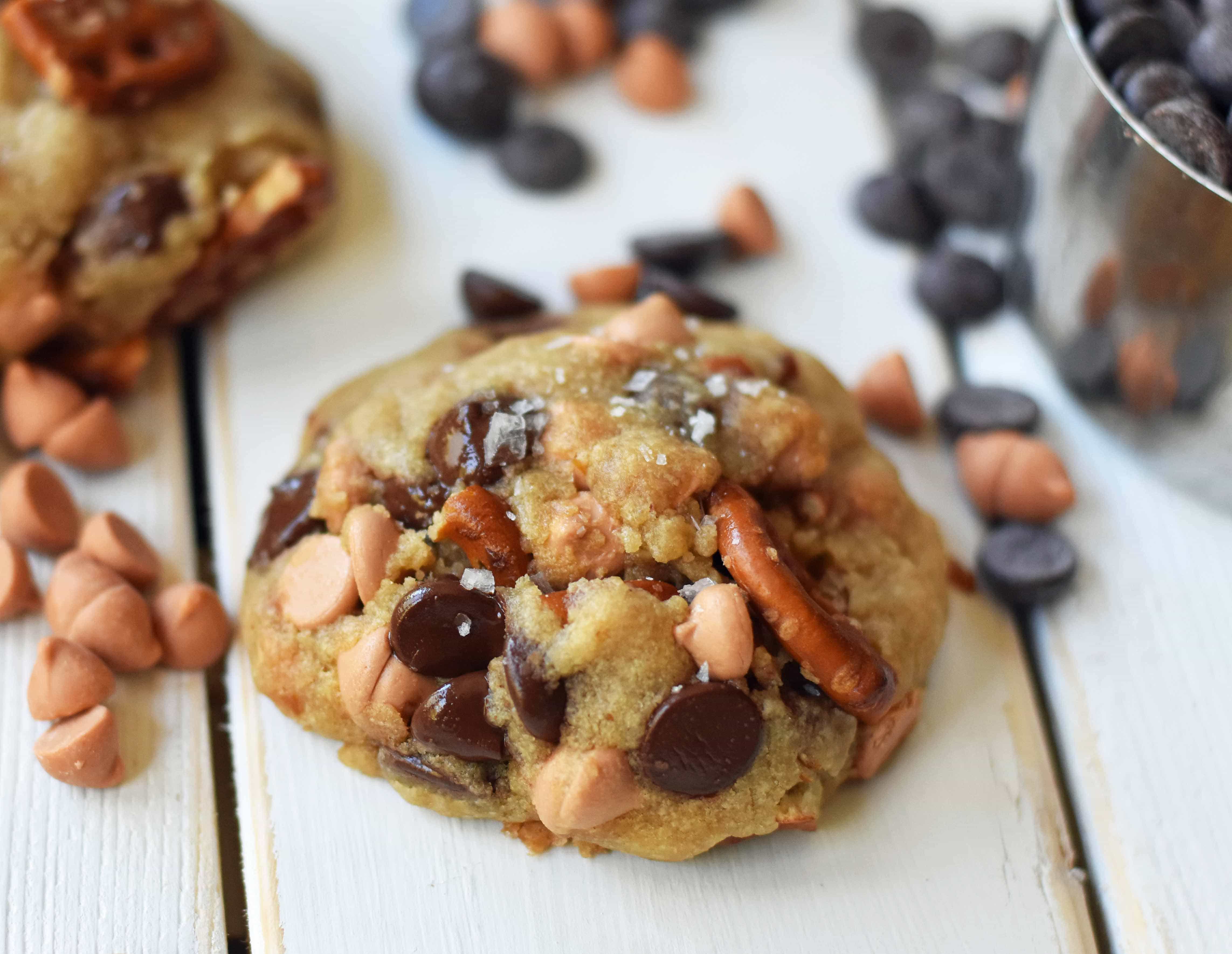 Sea Salt Butterscotch Pretzel Cookies are made with brown butter, sweet butterscotch chips, chocolate chips, and pretzels. The perfect sweet and salty cookie. A favorite cookie recipe! www.modernhoney.com