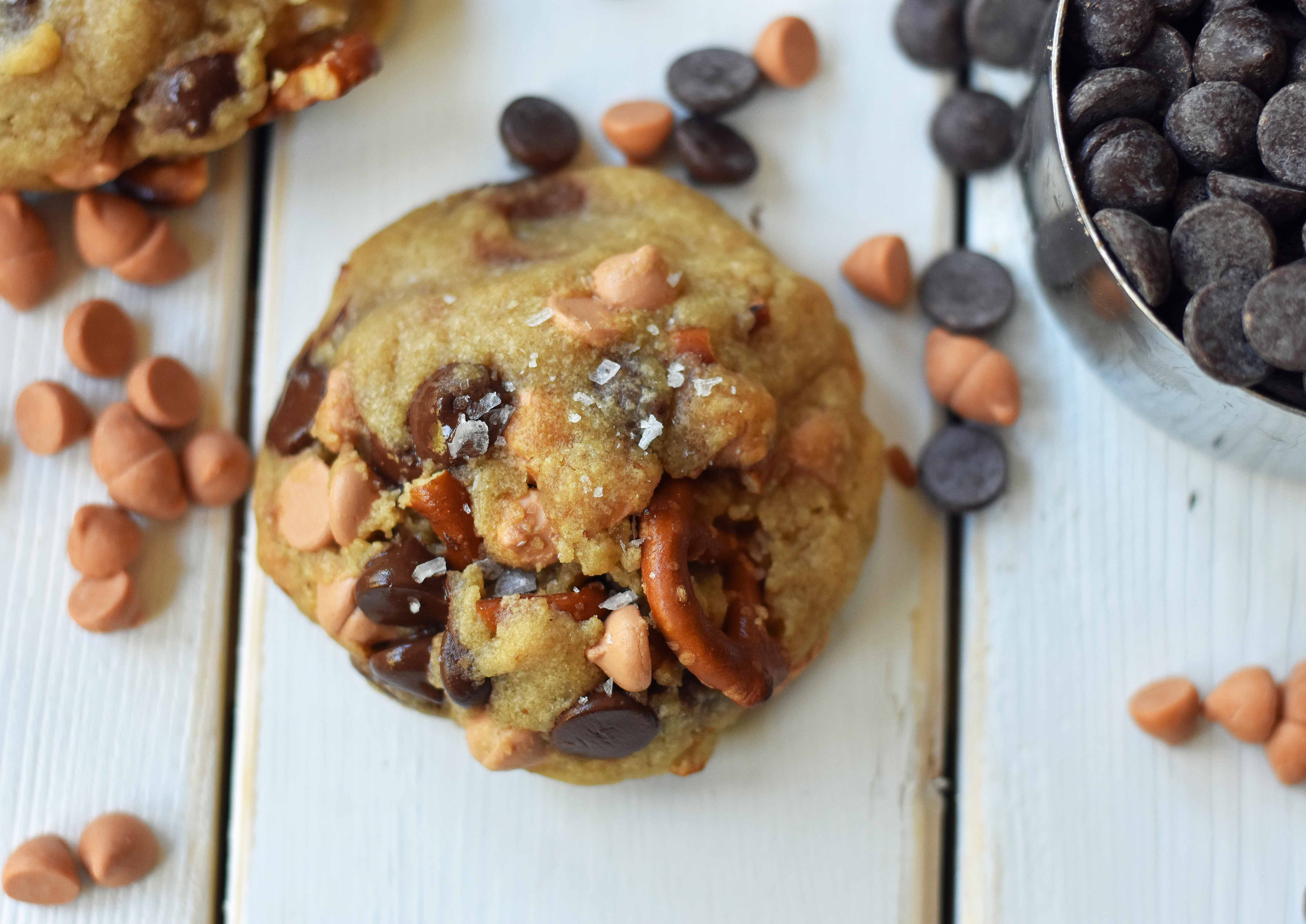 Sea Salt Butterscotch Pretzel Cookies are made with brown butter, sweet butterscotch chips, chocolate chips, and pretzels. The perfect sweet and salty cookie. A favorite cookie recipe! www.modernhoney.com