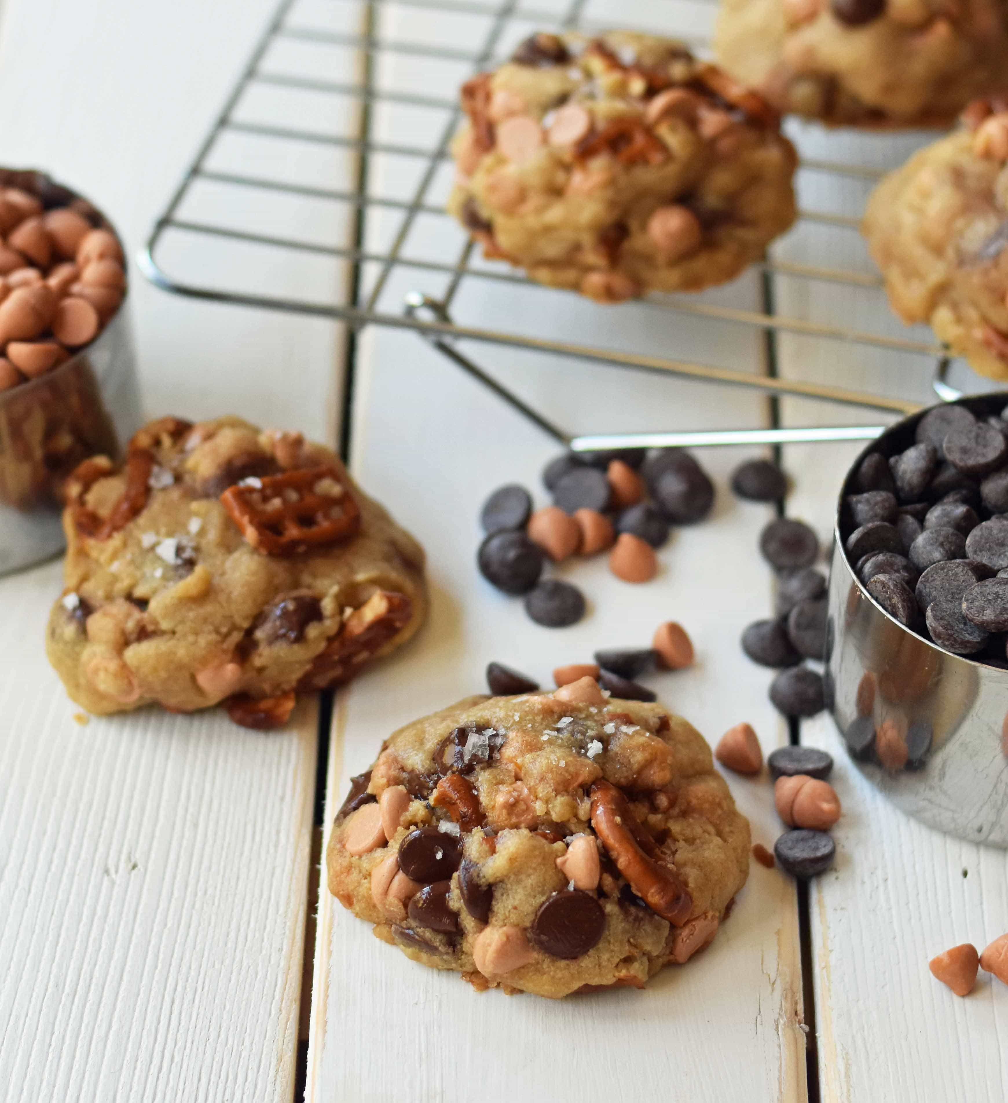 Sea Salt Butterscotch Pretzel Cookies are made with brown butter, sweet butterscotch chips, chocolate chips, and pretzels. The perfect sweet and salty cookie. A favorite cookie recipe! www.modernhoney.com