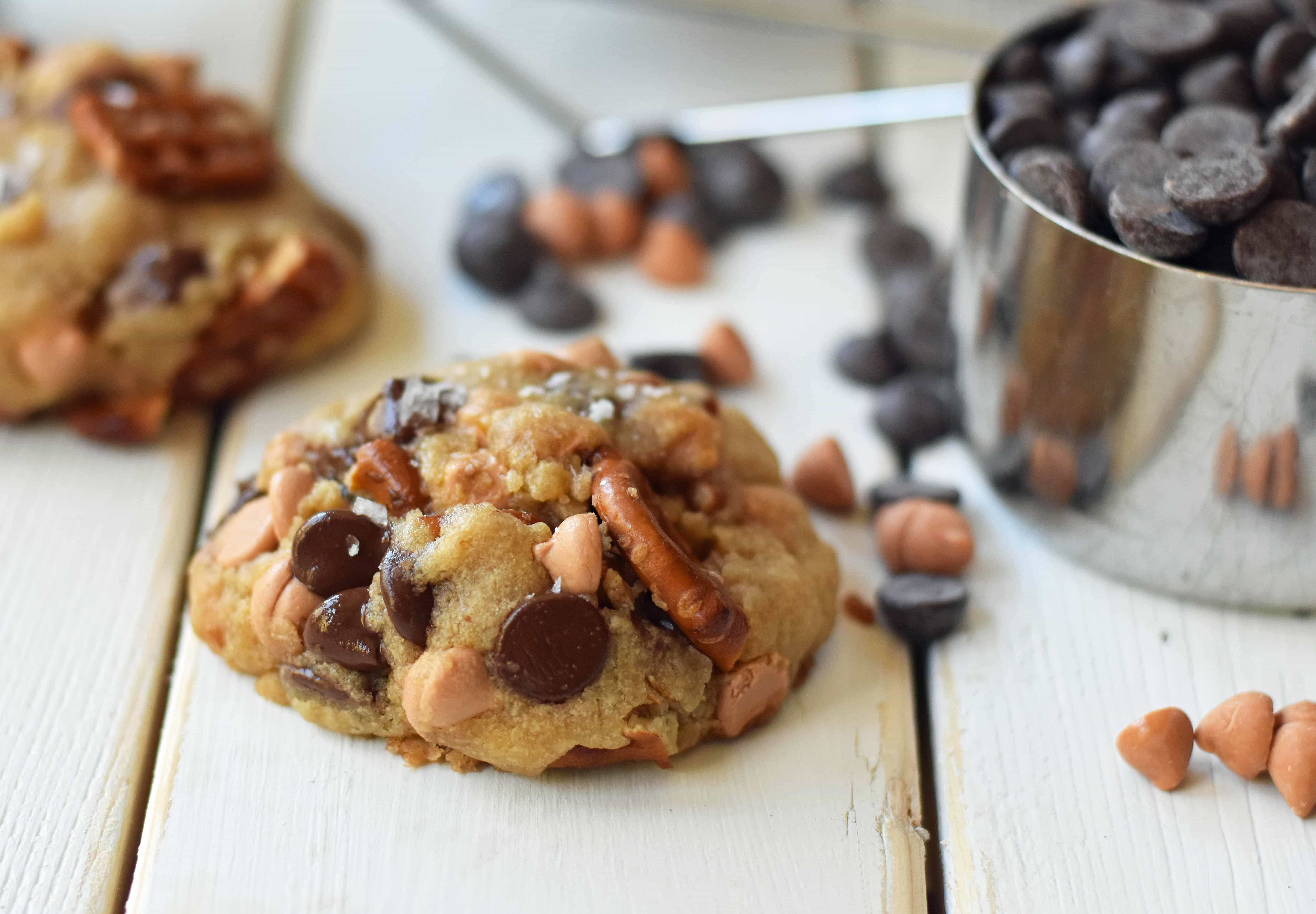 Sea Salt Butterscotch Pretzel Cookies are made with brown butter, sweet butterscotch chips, chocolate chips, and pretzels. The perfect sweet and salty cookie. A favorite cookie recipe! www.modernhoney.com