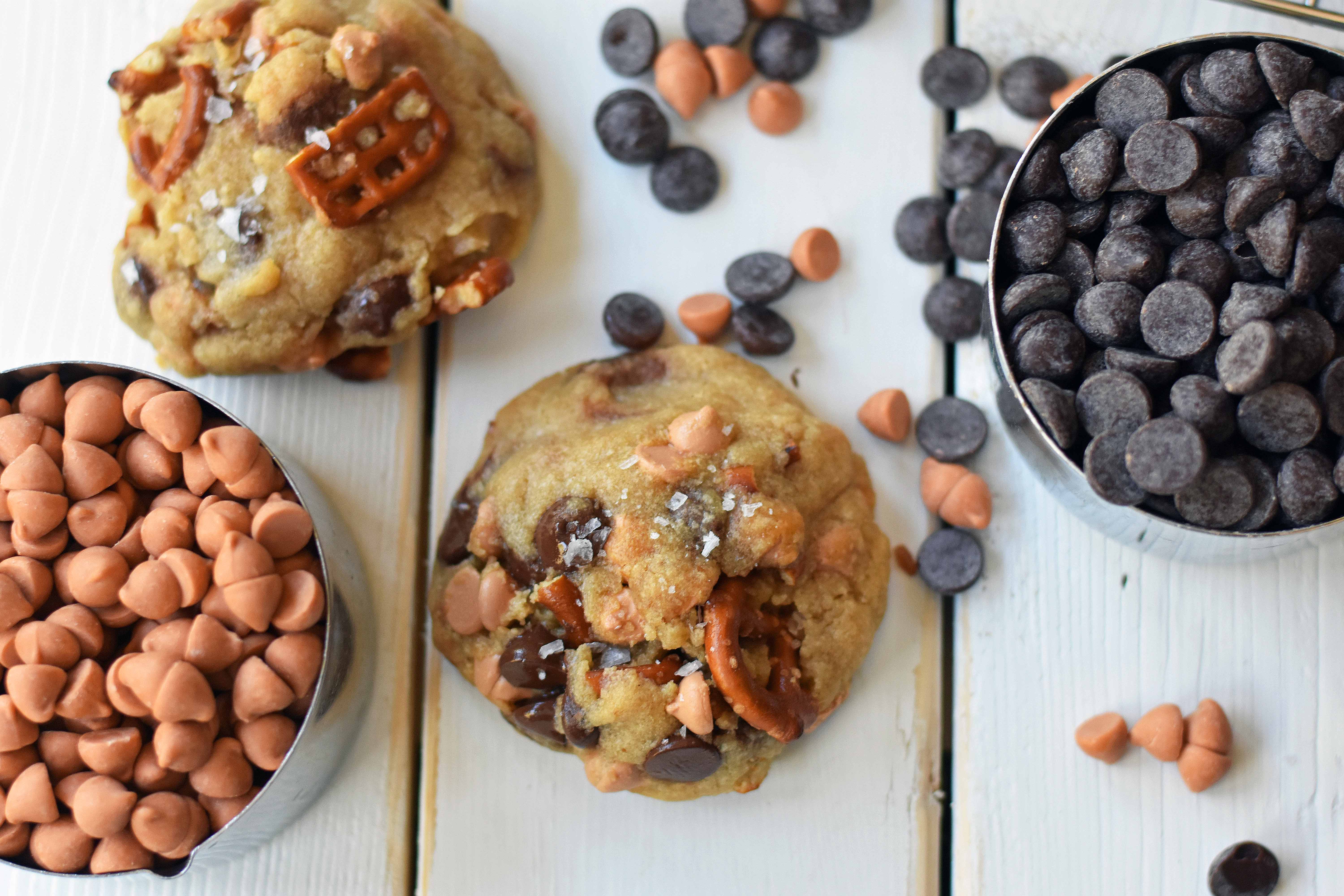 Sea Salt Butterscotch Pretzel Cookies are made with brown butter, sweet butterscotch chips, chocolate chips, and pretzels. The perfect sweet and salty cookie. A favorite cookie recipe! www.modernhoney.com