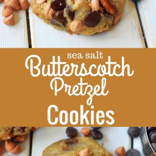 Sea Salt Butterscotch Pretzel Cookies are made with brown butter, sweet butterscotch chips, chocolate chips, and pretzels. The perfect sweet and salty cookie. A favorite cookie recipe! www.modernhoney.com