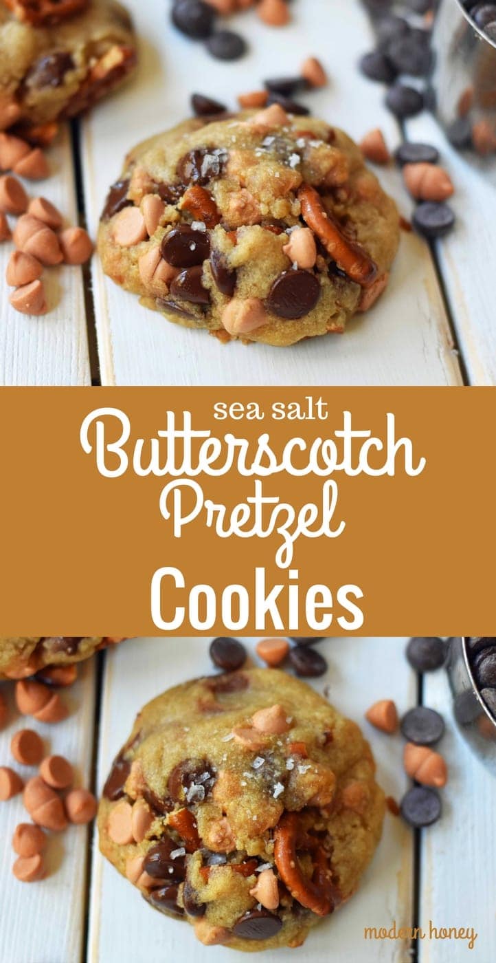 Sea Salt Butterscotch Pretzel Cookies are made with brown butter, sweet butterscotch chips, chocolate chips, and pretzels. The perfect sweet and salty cookie. A favorite cookie recipe! www.modernhoney.com