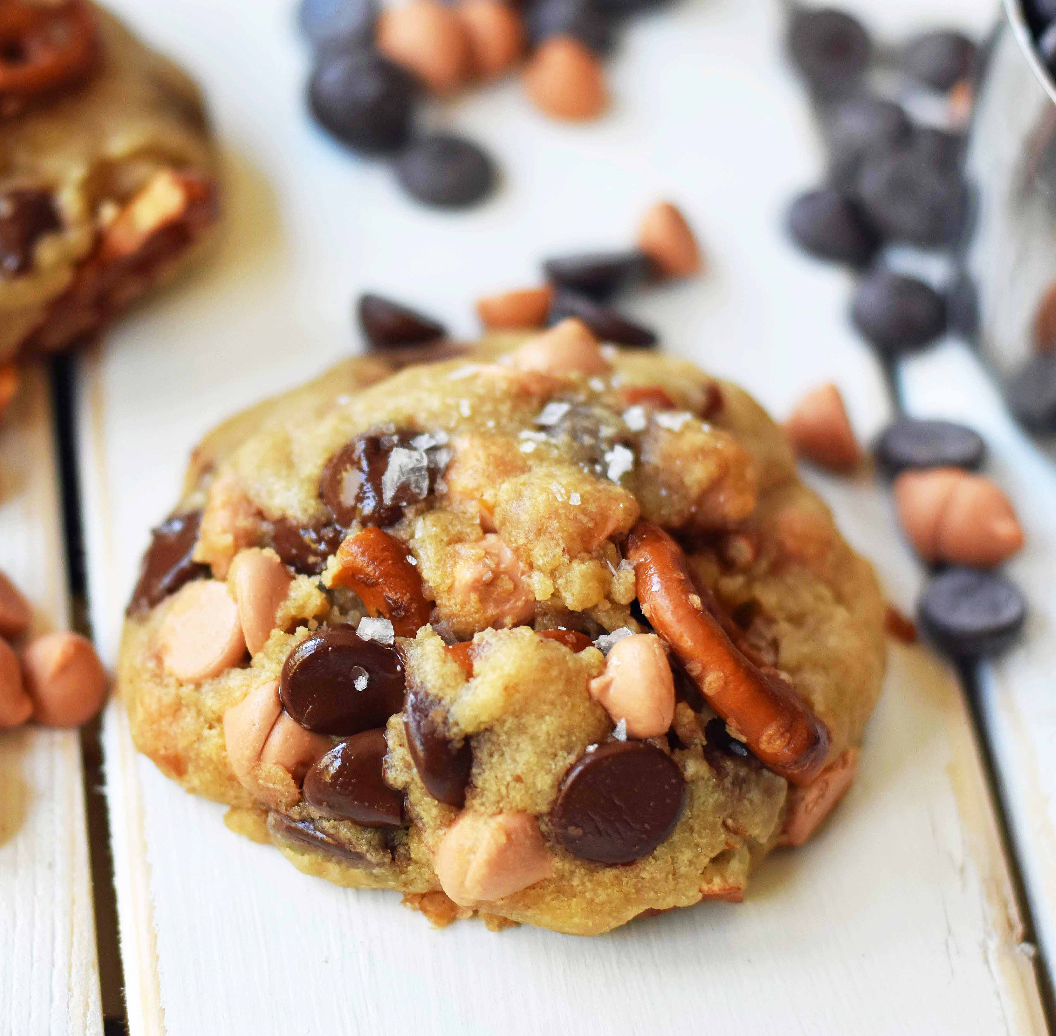 Sea Salt Butterscotch Pretzel Cookies. Soft chewy butterscotch pretzel cookie recipe. www.modernhoney.com #butterscotchcookies #pretzelcookies #butterscotchpretzelcookies