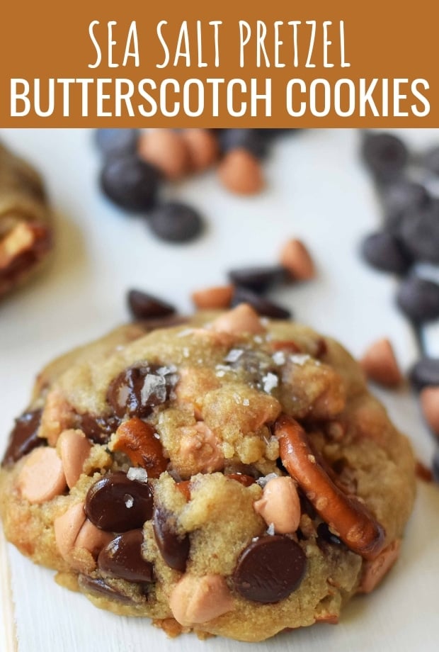 Sea Salt Pretzel Butterscotch Cookies. Cookies with butterscotch chips, pretzels, and chocolate chips. The perfect salty sweet cookie. www.modernhoney.com #butterscotchcookies #pretzelcookies #butterscotchpretzelcookies #saltysweetcookies 