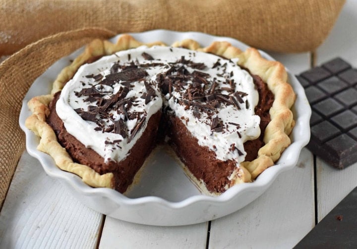 Chocolate Cream Pie. A homemade rich chocolate silk pie with a homemade chocolate custard. The best chocolate cream pie. www.modernhoney.com #chocolatecreampie #chocolatepie #pie #pierecipes #chocolate