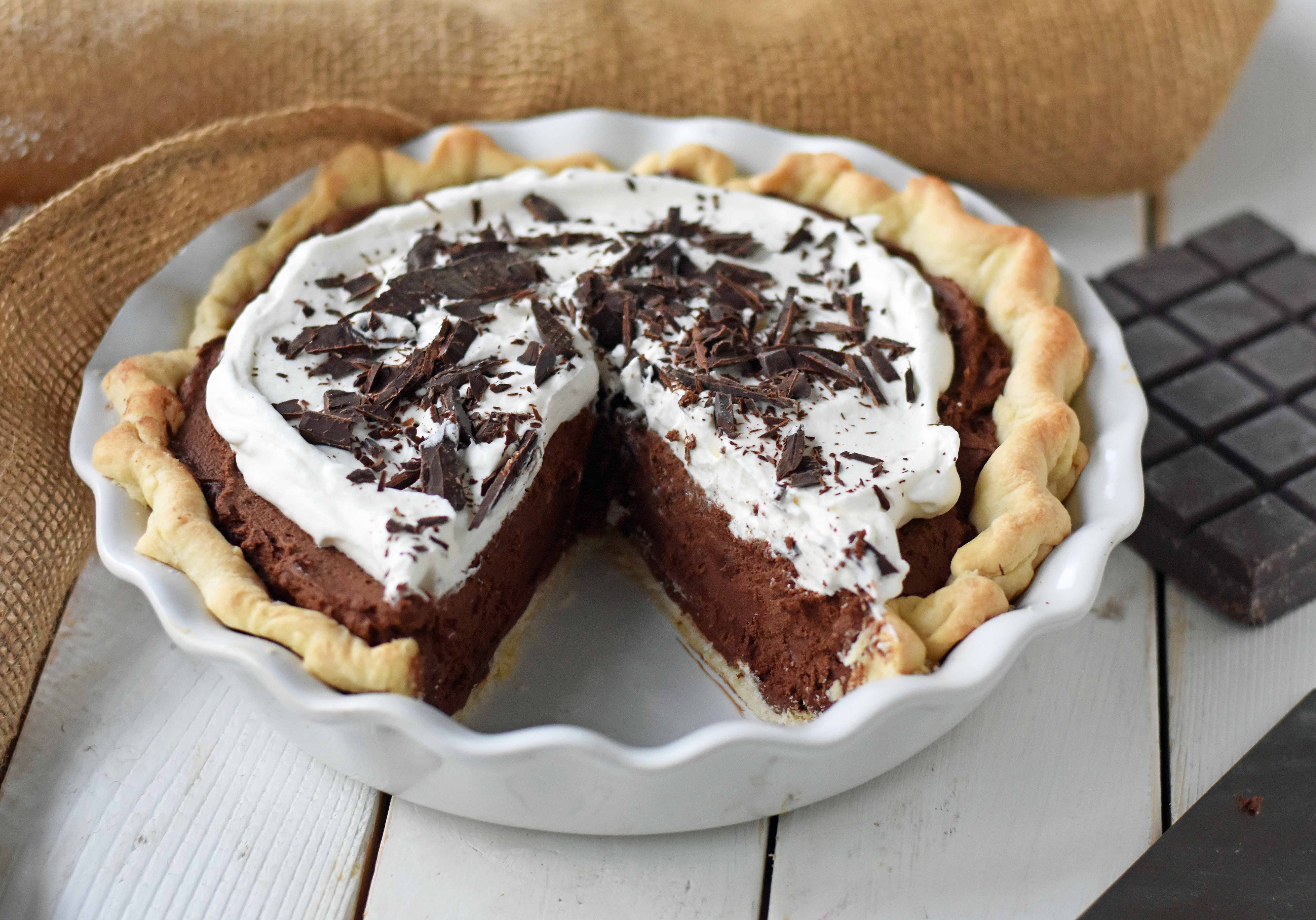 Chocolate Cream Pie. A homemade rich chocolate silk pie with a homemade chocolate custard. The best chocolate cream pie. www.modernhoney.com #chocolatecreampie #chocolatepie #pie #pierecipes #chocolate 