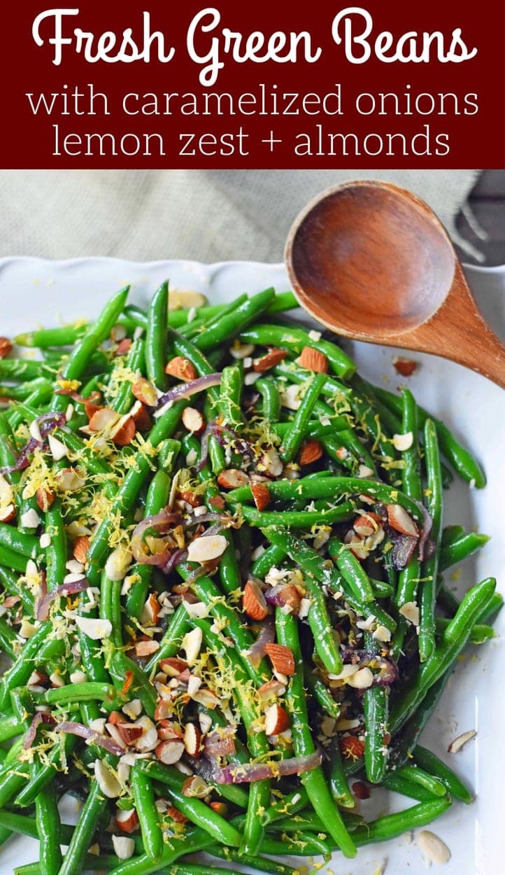 Green Beans with Almonds and Caramelized Onions. Light and fresh green beans sauteed with caramelized onions, fresh lemon zest, and crunchy almonds. Perfect side dish for your holiday table. www.modernhoney.com