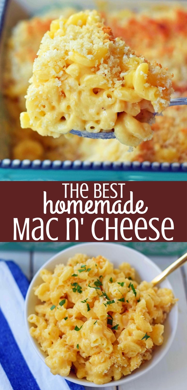 Homemade Macaroni and Cheese. Rich, creamy, and cheesy baked mac n' cheese recipe. Homemade mac n' cheese made with butter, cream, and two cheeses. The perfect side dish! www.modernhoney.com