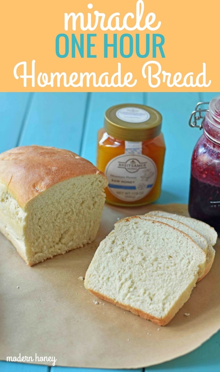 Miracle One Hour White Bread. Homemade bread made in one hour. Quick and easy homemade bread. www.modernhoney.com