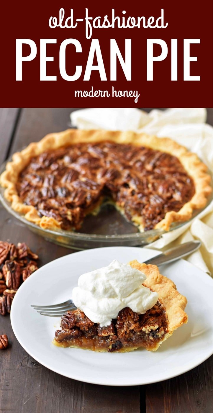 Old-Fashioned Pecan Pie made with a silky smooth brown sugar butter filling with crunchy pecans. Baked in a buttery flaky pie crust and topped with homemade whipped cream. A classic Southern Pecan Pie recipe. www.modernhoney.com