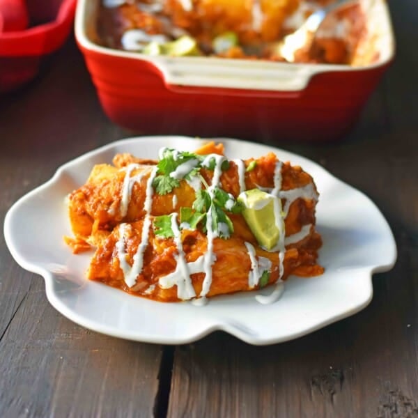 Red Chile Chicken Enchiladas with homemade red enchilada sauce. How to make enchilada sauce from scratch. The best red chicken and cheese enchiladas. www.modernhoney.com