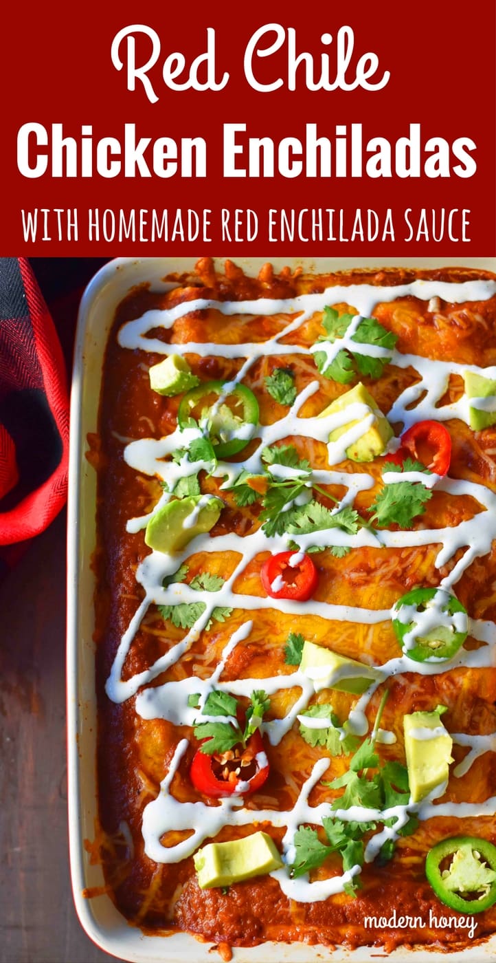 Red Chile Chicken Enchiladas with homemade red enchilada sauce. How to make enchilada sauce from scratch. The best red chicken and cheese enchiladas. www.modernhoney.com