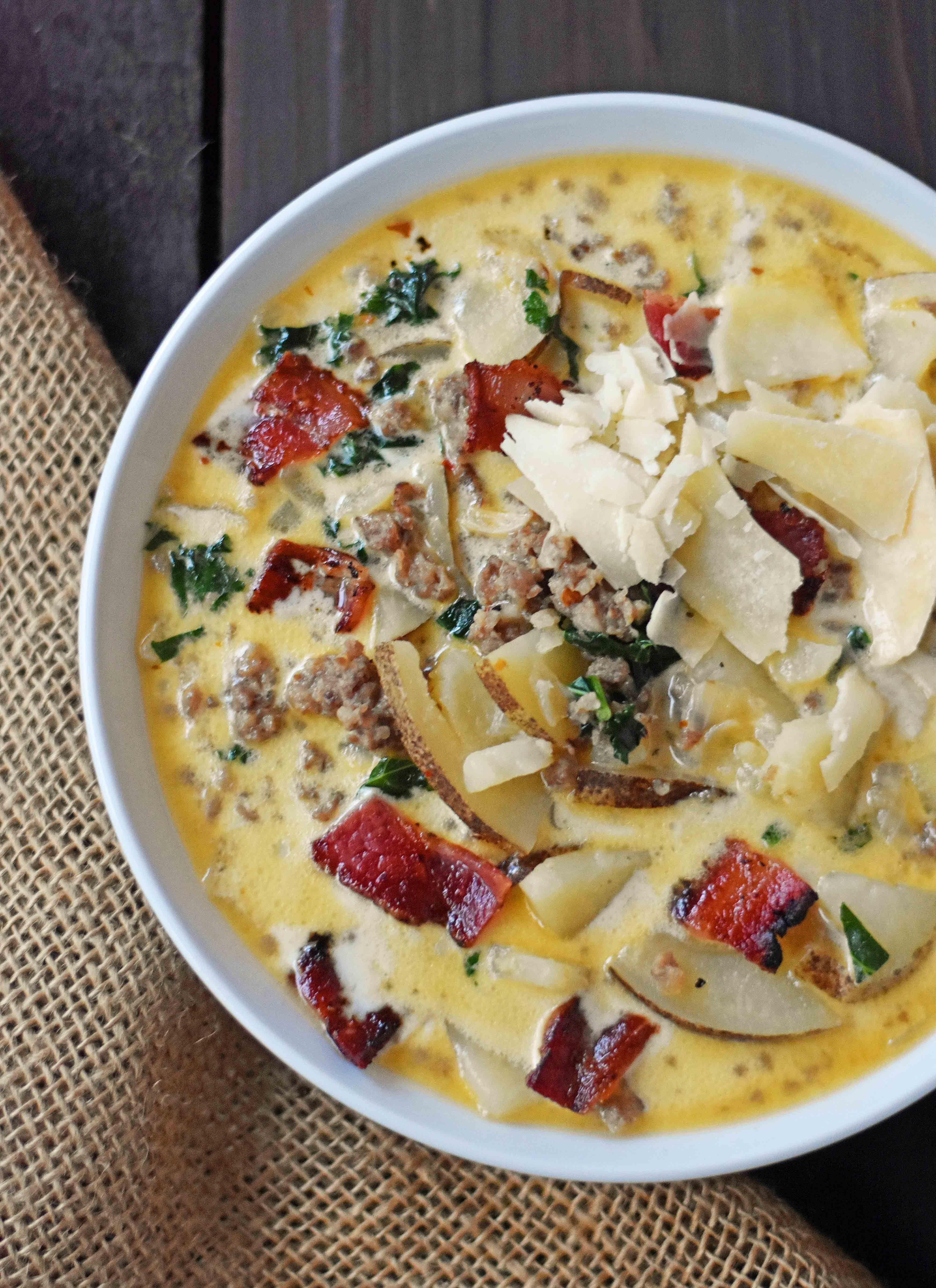 Zuppa Toscana Soup Olive Garden Copycat Recipe. Sausage, Potato, and Bacon Cream Soup. An Italian favorite soup! Popular Olive Garden Copycat Zuppa Toscana Soup Recipe. www.modernhoney.com