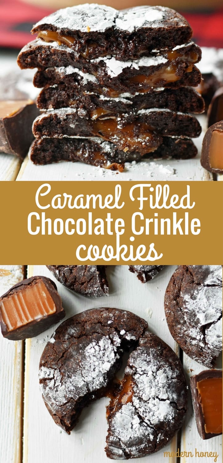 Caramel Filled Chocolate Crinkle Cookies. Soft chewy chocolate cookies with soft caramel center and roll into powdered sugar. A popular chocolate caramel filled cookie. www.modernhoney.com