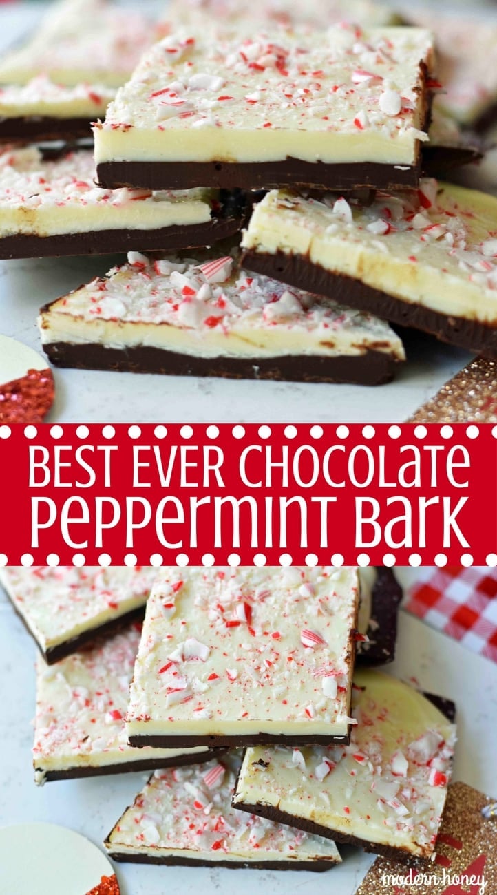 Chocolate Peppermint Bark made with layers of melted white chocolate with a touch of peppermint, melted chocolate, and topped with crushed peppermint candy canes. This is the BEST Peppermint Bark Recipe! www.modernhoney.com