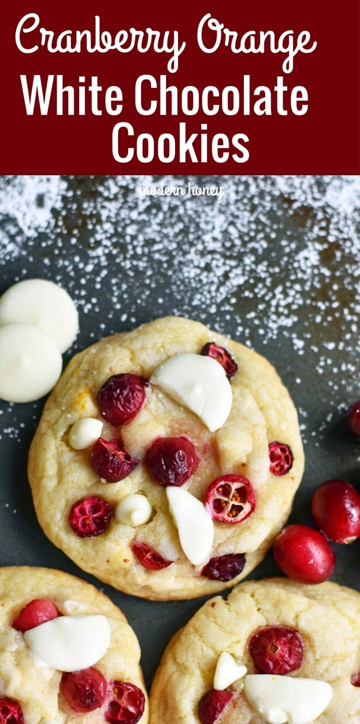 Cranberry Orange White Chocolate Cookies. Citrus orange dough with fresh or dried cranberries, orange zest, and white chocolate chunks. A popular cookie! www.modernhoney.com