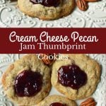 Cream Cheese Pecan Jam Thumbprint Cookies are a chewy pecan cookie baked until golden and topped with fresh berry jam. A soft and chewy cream cheese pecan cookie topped with fresh jam. www.modernhoney.com