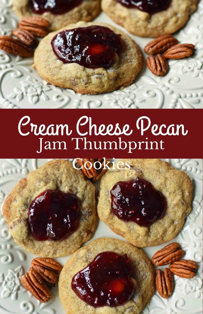 Cream Cheese Pecan Jam Thumbprint Cookies are a chewy pecan cookie baked until golden and topped with fresh berry jam. A soft and chewy cream cheese pecan cookie topped with fresh jam. www.modernhoney.com